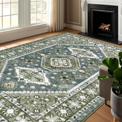 Tapete Boho Lavable 8x10 para Sala Verde Oscuro y Azul miniatura 5