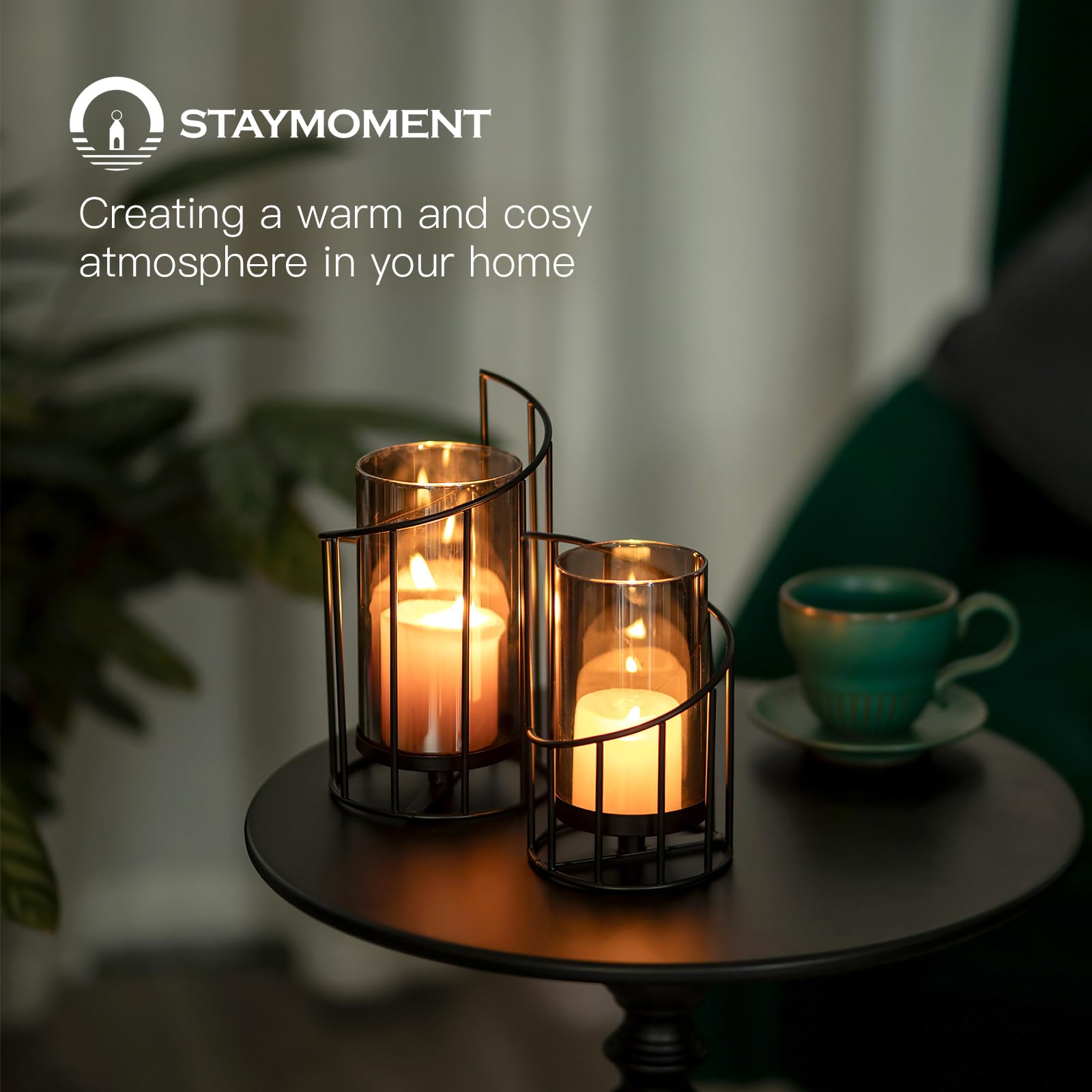 2er Set Windlicht Outdoor, Kerzenständer Metall Schwarz | Kerzenhalter für Stumpenkerze, Tischdeko, Modern Deko für Wohnzimmer, Badezimmer, Garten, Windlichter Draußen und Drinnen
