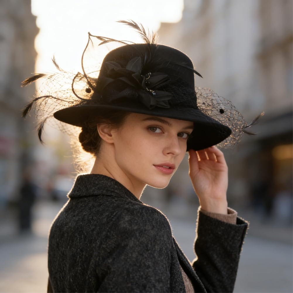 YJZQ Femmes Chapeau Melon en Feutre élégant Chapeau Cloche à Fleur Voile Bonnet Charleston année 20 Couvre-Chef Style Vintage 56-58CM