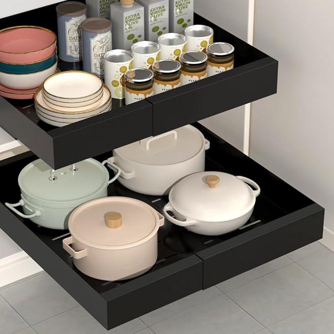 Pull Out Cabinet Organizer, Expandable (11.8"-18.2"W) Carbon Steel Cabinet Drawers Slide Out, Pantry Storage Shelves with Nano Adhesive Strip for Kitchen, Bathroom (17.0"D X 2.8"H Black)
