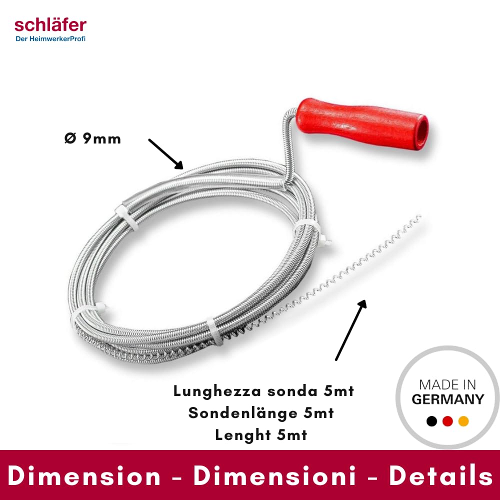 Schläfer 323302 Sturalavandini Sonda Spirale Sturatubi Pulizia Tubi Scarichi Intasati Lavabo, Bidet Wc, Stura lavandino a molla Lunghezza 5 mt diametro 9 mm