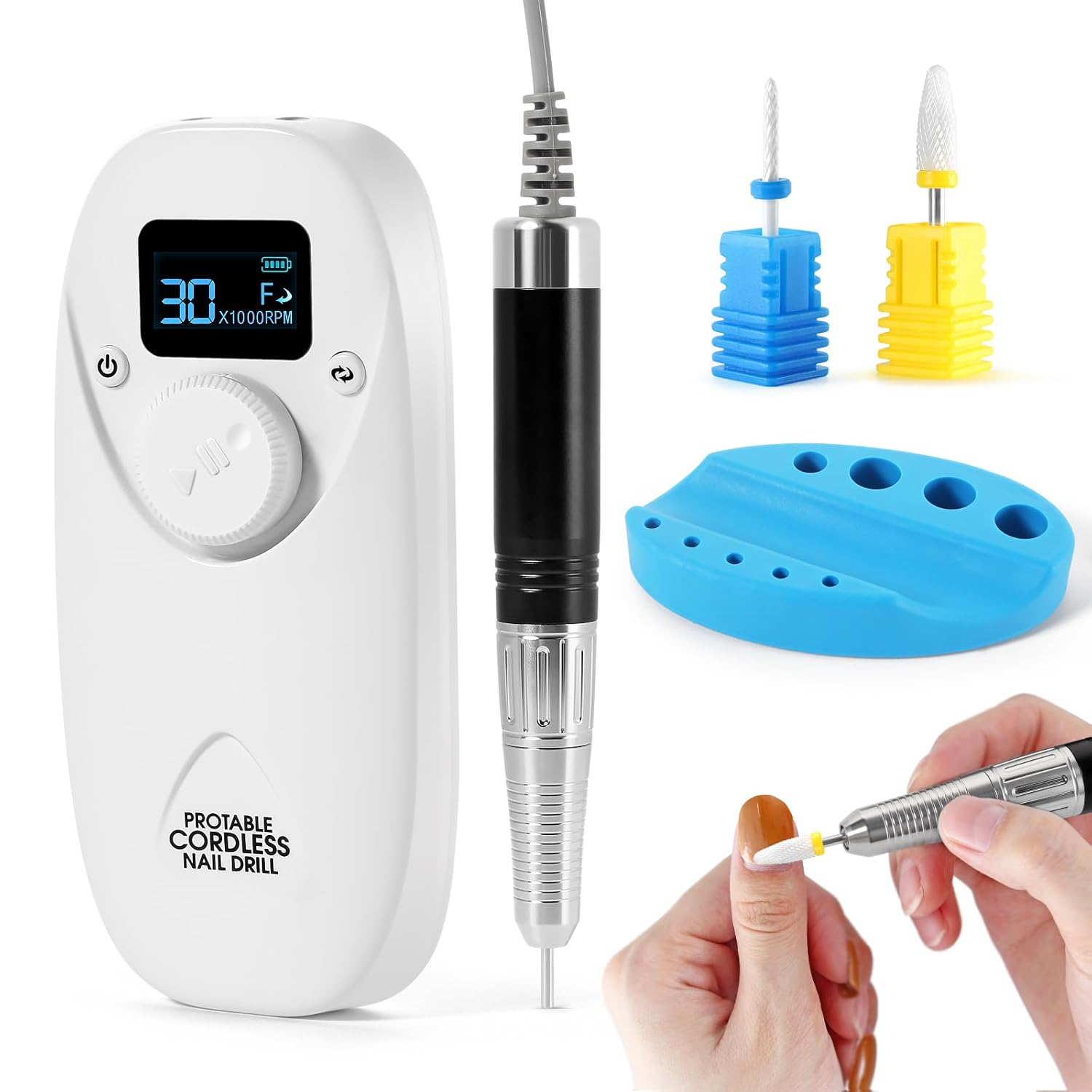 Professional Electric Nail Drill Machine 30000RPM, Rechargeable Nail File Nail Drills for Acrylic Nails, Cordless Portable Nail Drill Kit for Home Salon, Low Noise, Low Heat