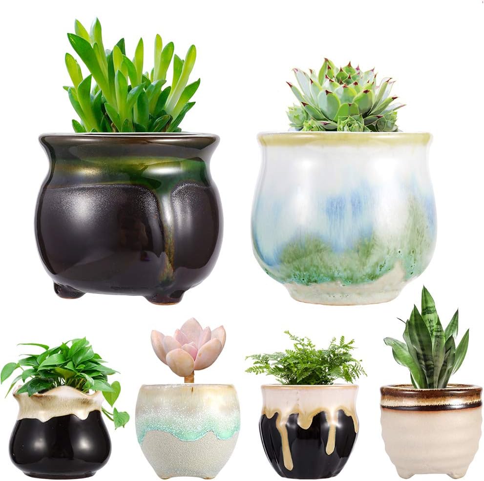 Succulent Plants Cute Animal Succulent Pots Ceramic Flowing Glaze Flower Planter Pots Base Serial Set Cactus Plant Pots Container Planters Bonsai with A Hole Perfect Gift Idea-(6pcs)