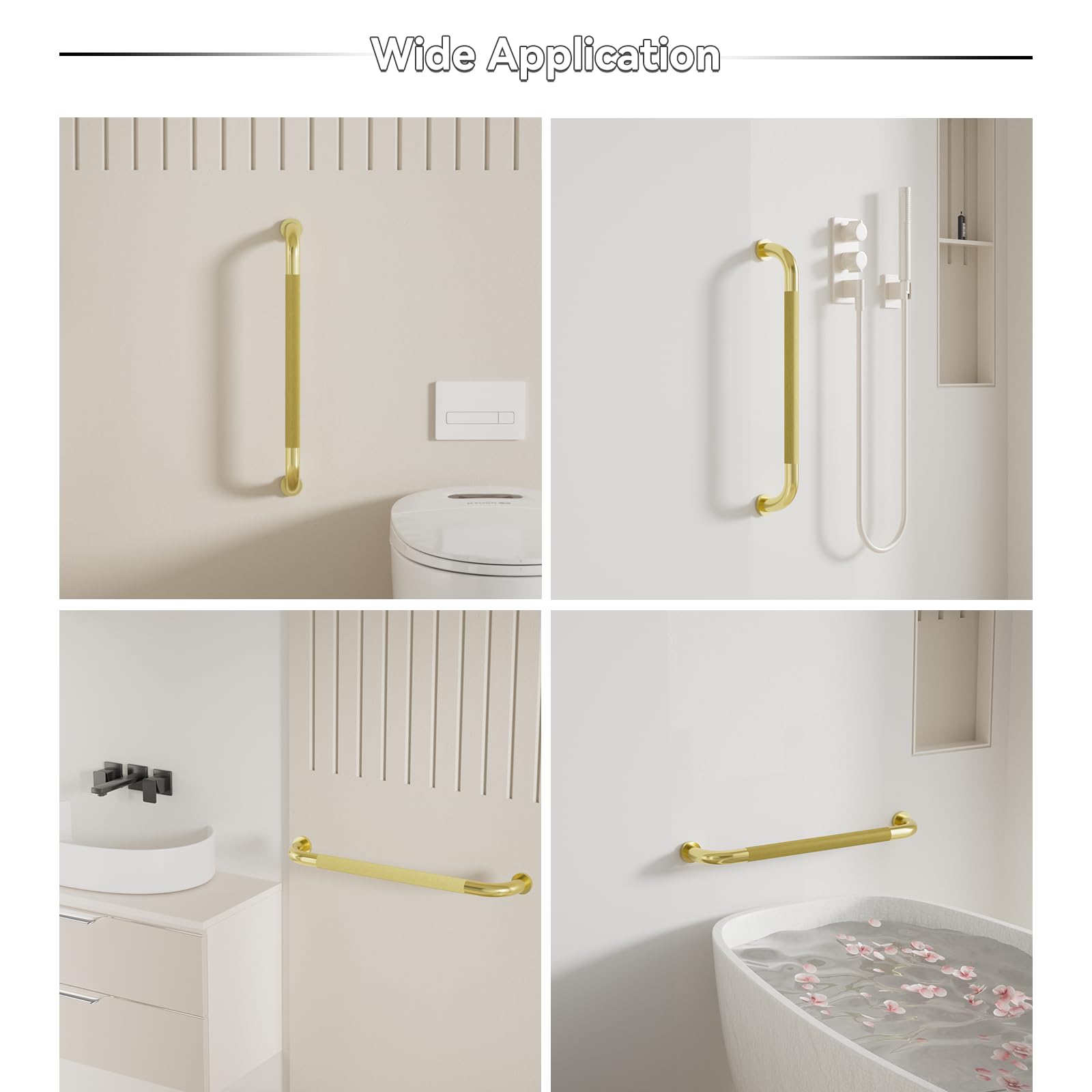 Confezione da 2 maniglie per doccia, color oro spazzolato, 81 cm, con impugnatura zigrinata antiscivolo, barra di equilibrio in acciaio inox, diametro 3,2 cm, barra di sicurezza per vasca da bagno