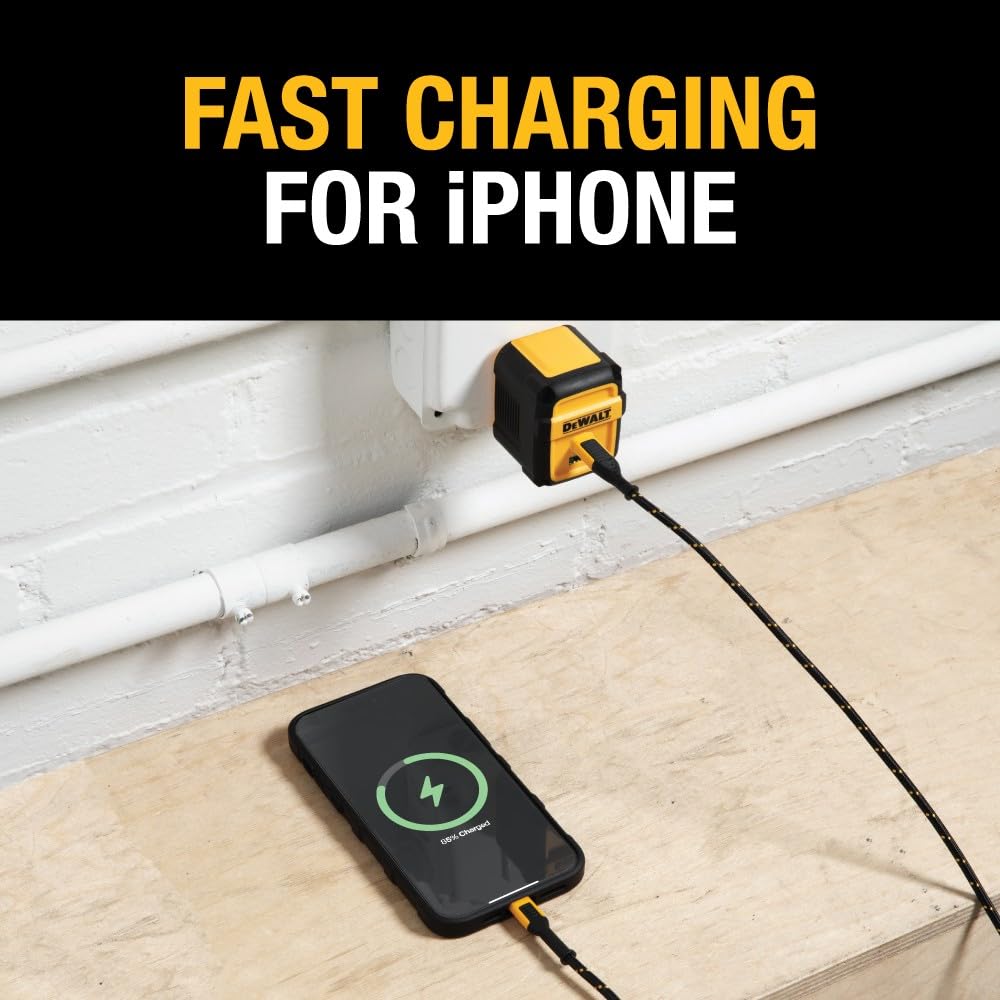 DEWALT Chargeur USB Mural Double Port 24W, Adaptateur Secteur Prise EU avec Ports Inclinés, Chargeur pour iPhone 17/16/15/14/13 Pro Max, Samsung Galaxy S22/S21/Note 20 – Design Robuste