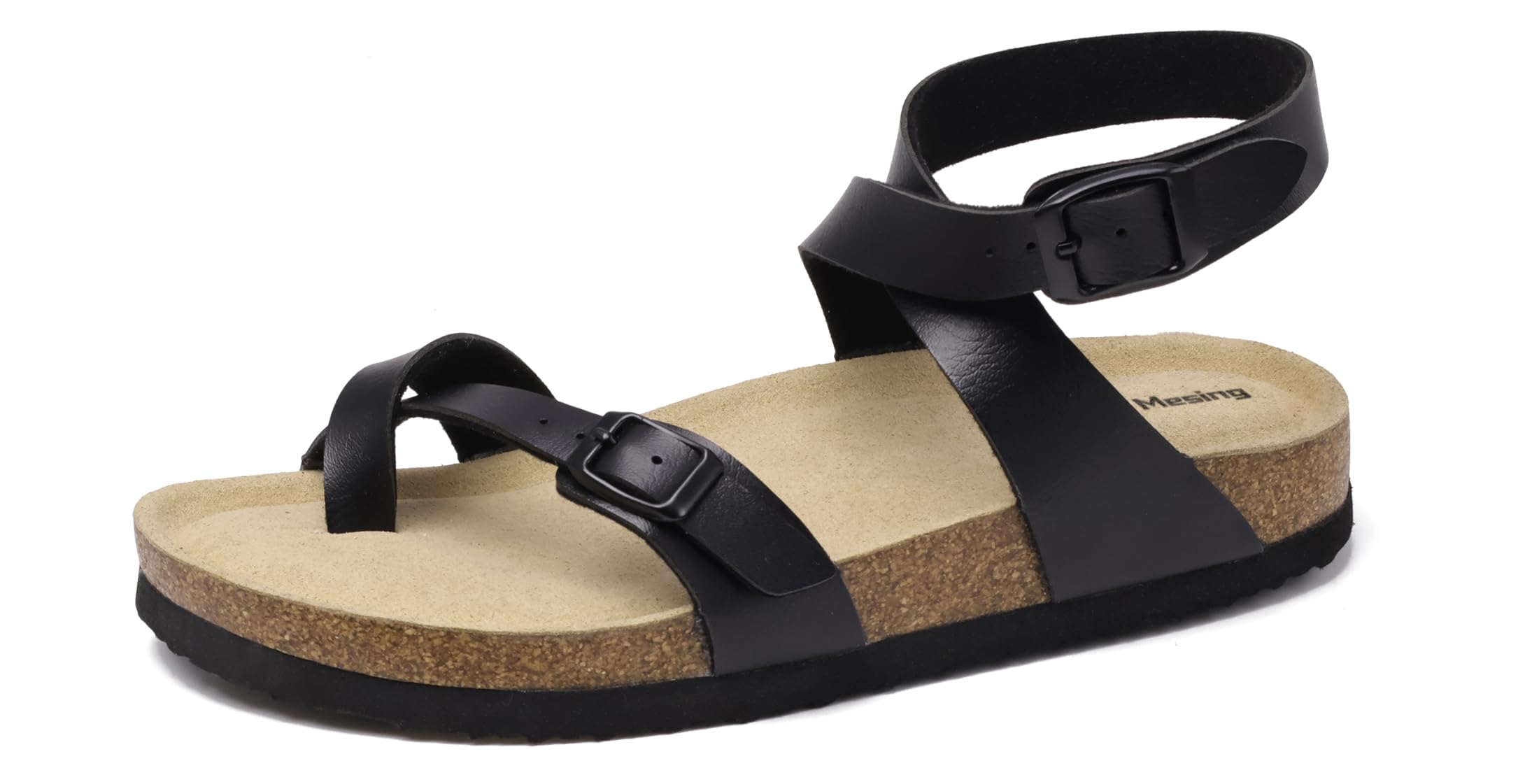 Mesing Pantoletten Sandalen Damen mit Kork Fussbett Wildleder Zehentrenner Sommer Rutschfest Flach Römersandalen mit Verstellbarer Knöchelriemen