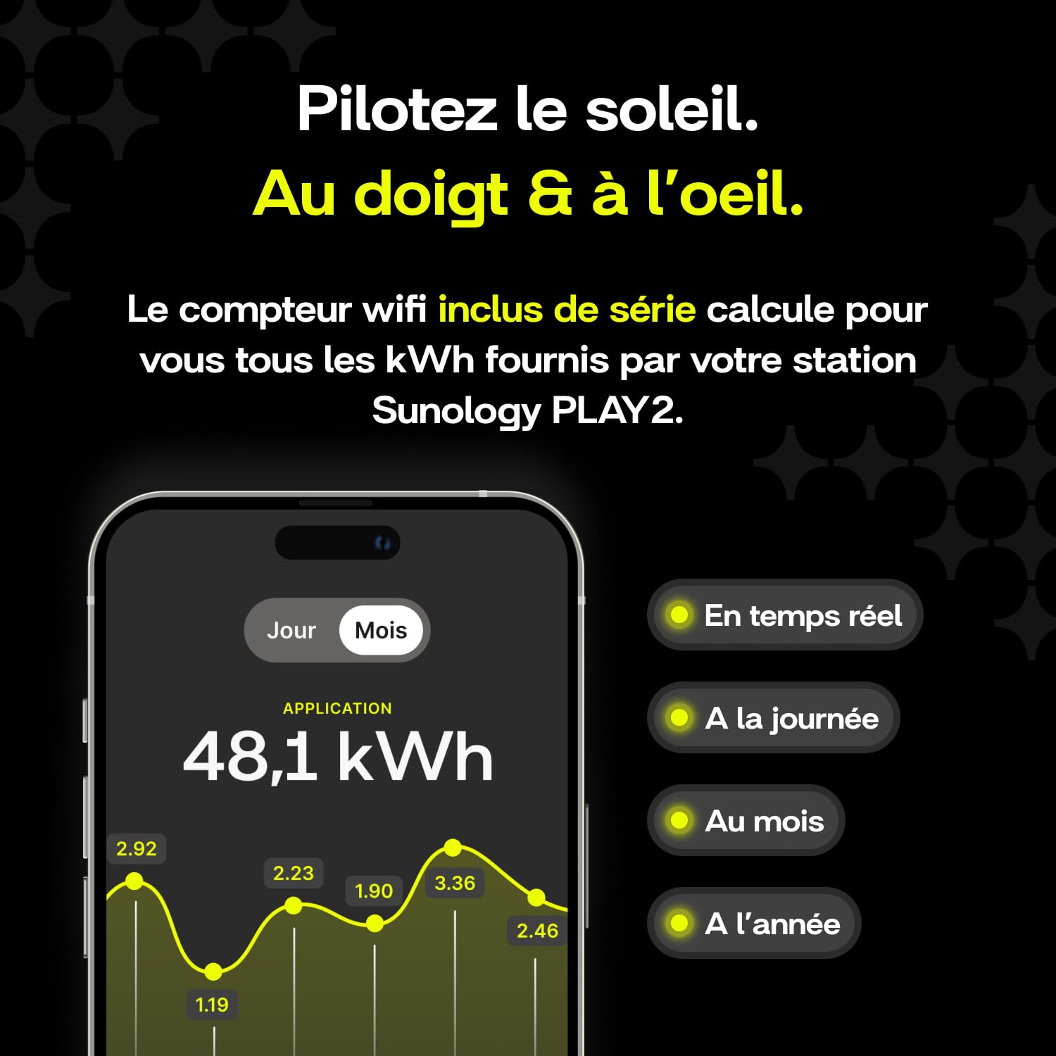 Sunology PLAY – Station Solaire Plug & Play 480W – Technologie HIBC Ultra Black – Rendement ≥235W/m² – Inclinaison Réglable – IP65 Anti-Grêle – N°1 en Europe – Prise 220V – Compatible Mono & Triphasé
