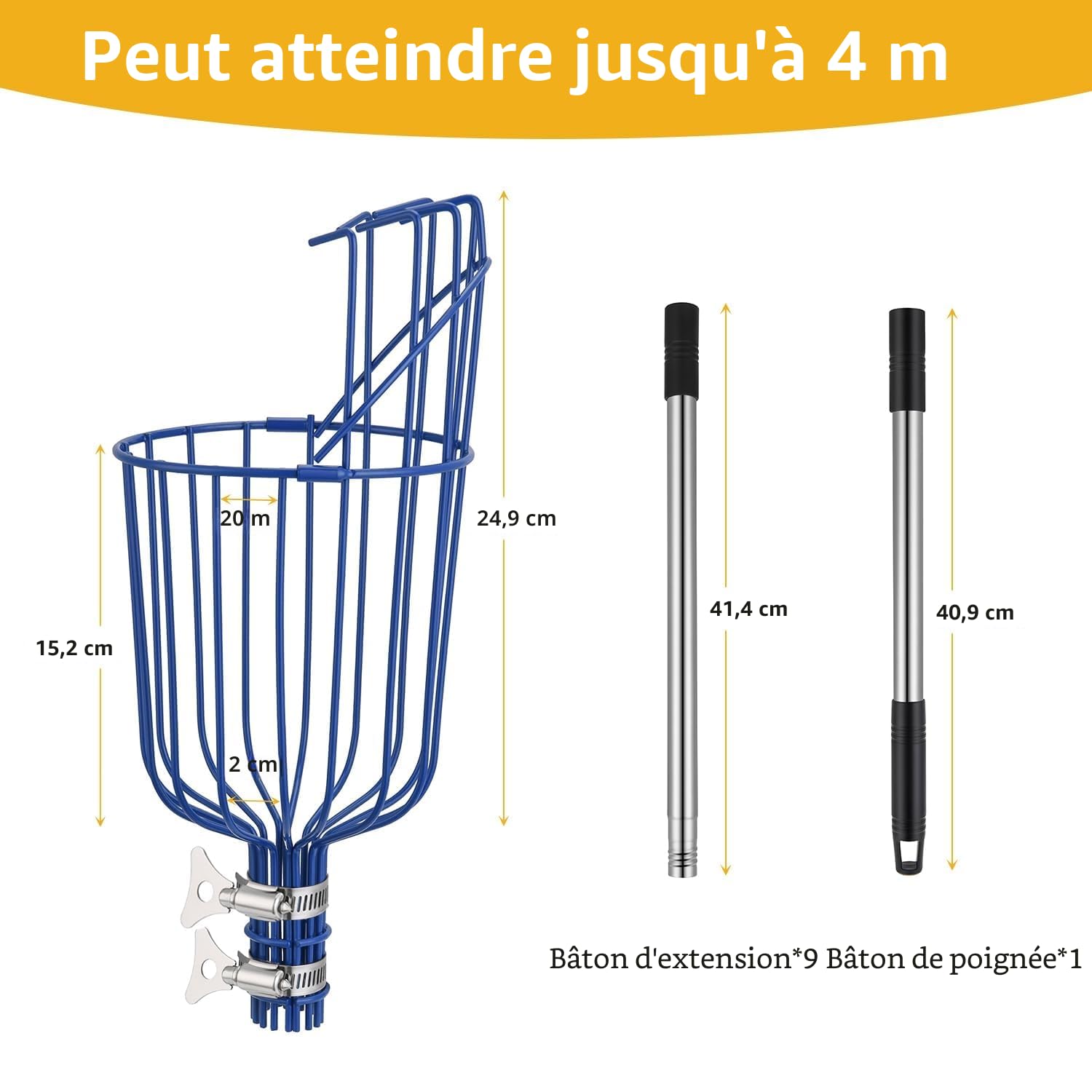 MaidMAX Cueille-Fruits avec Corbeille et Manche Télescopique 4 Mètres, Pince avec Panier en Acier Inoxydable pour Fruits Pomme Orange, Légèrement Stable et Peu Encombrante