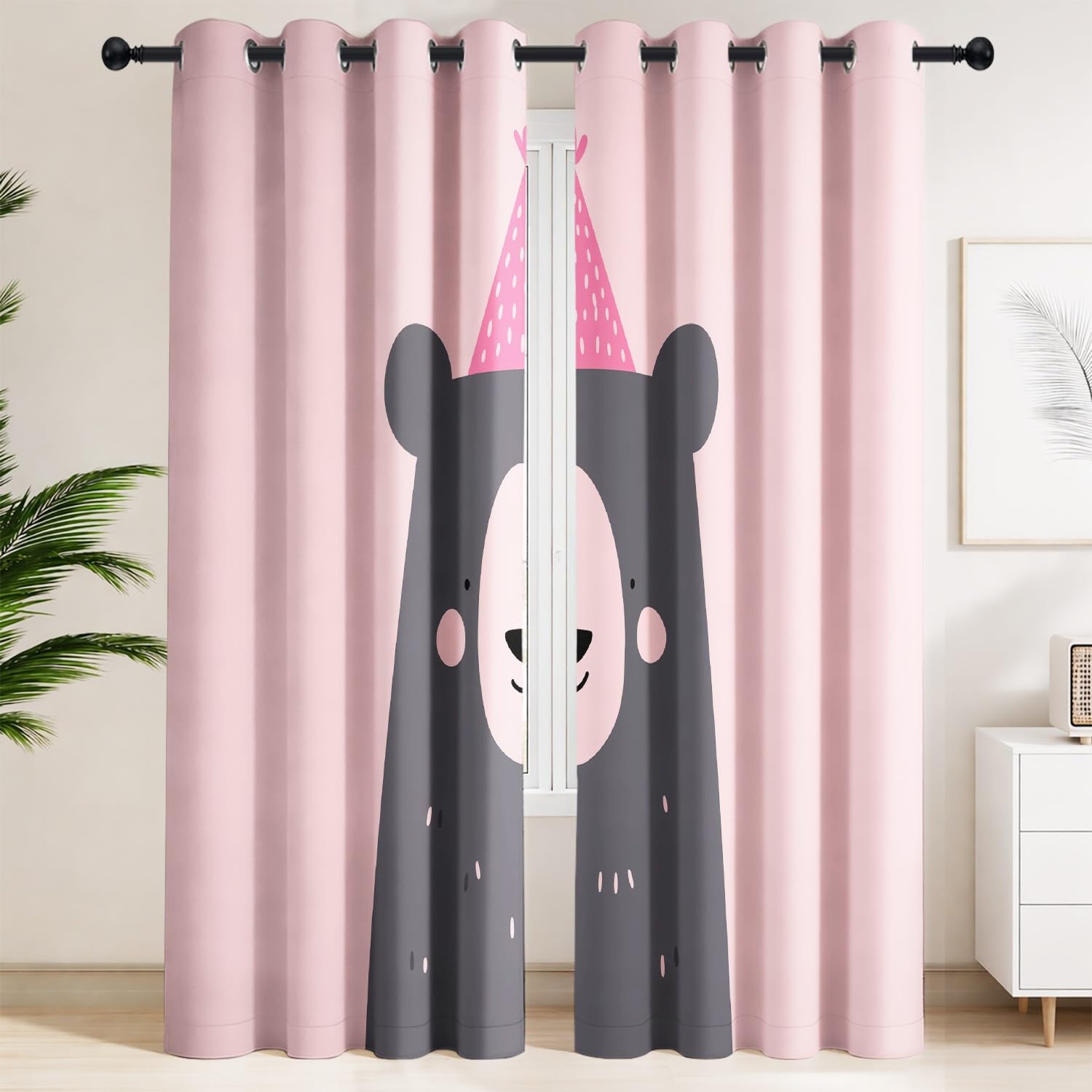 Rideau enfant occultant géométrique lot de 2 panneaux 117x137 cm ours rose