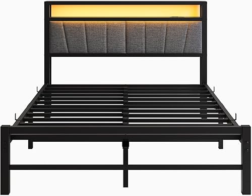Miniatura 9 de BOFENG Base de cama Queen con cabecera de almacenamiento tapizada y estación de carga, luces LED, plataforma de metal resistente, marco de cama