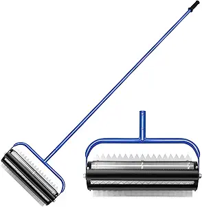 14ft Stainless Steel Lake Weed Roller, Beach Roller Lake Weed Remover, Rid Weeds Roots and Muck Buildup, 4 Aluminum Handles, 6 Preassembled Stainless Steel Blades, Super Easy Assembly, Blue.