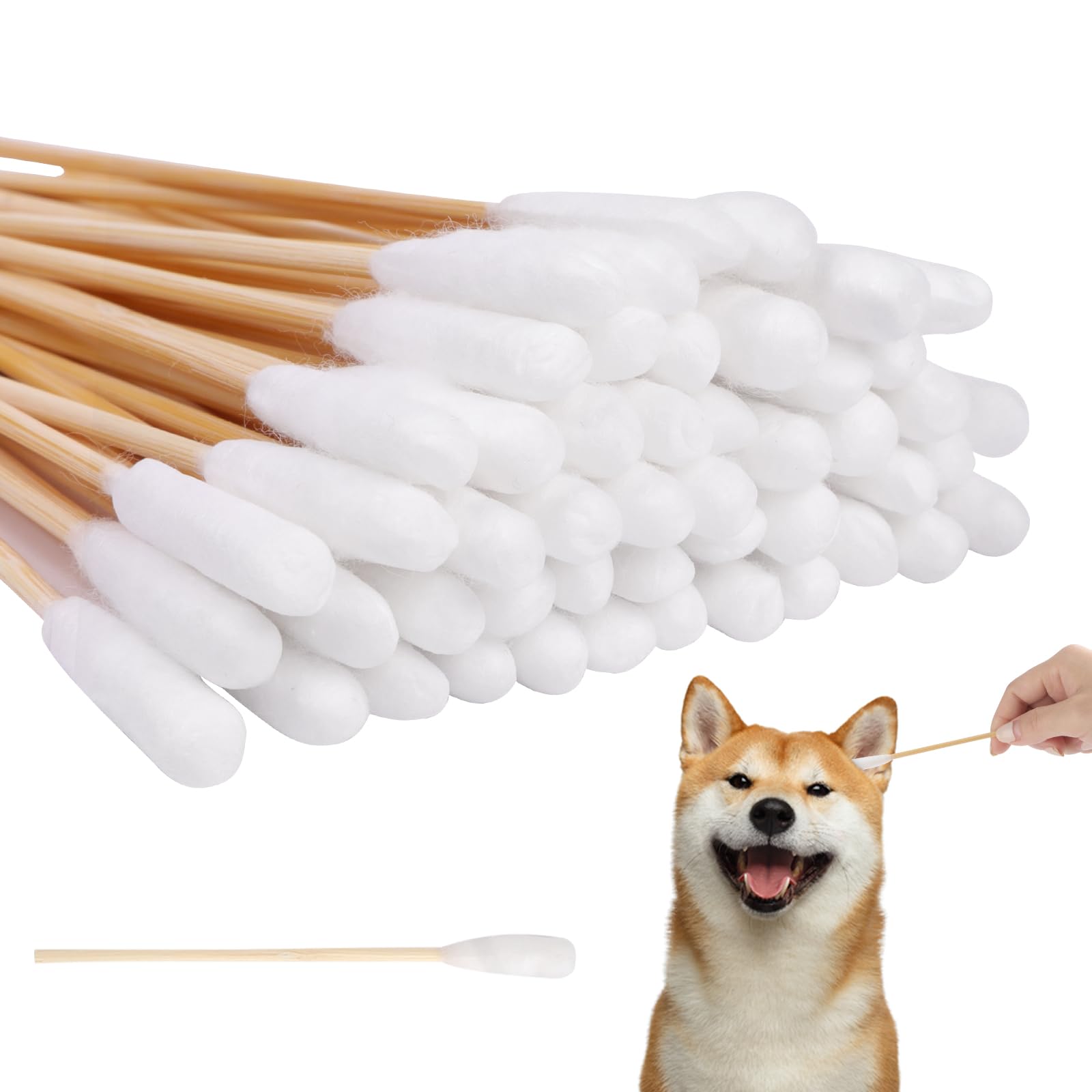 Vaktop Hunde Wattestäbchen, 50 Stück Haustiere Ohrreiniger Lang, Ohrreinigungsstäbchen Haustier mit Breiter Kopf - für Haustiere Hunde, Katzen (12cm)