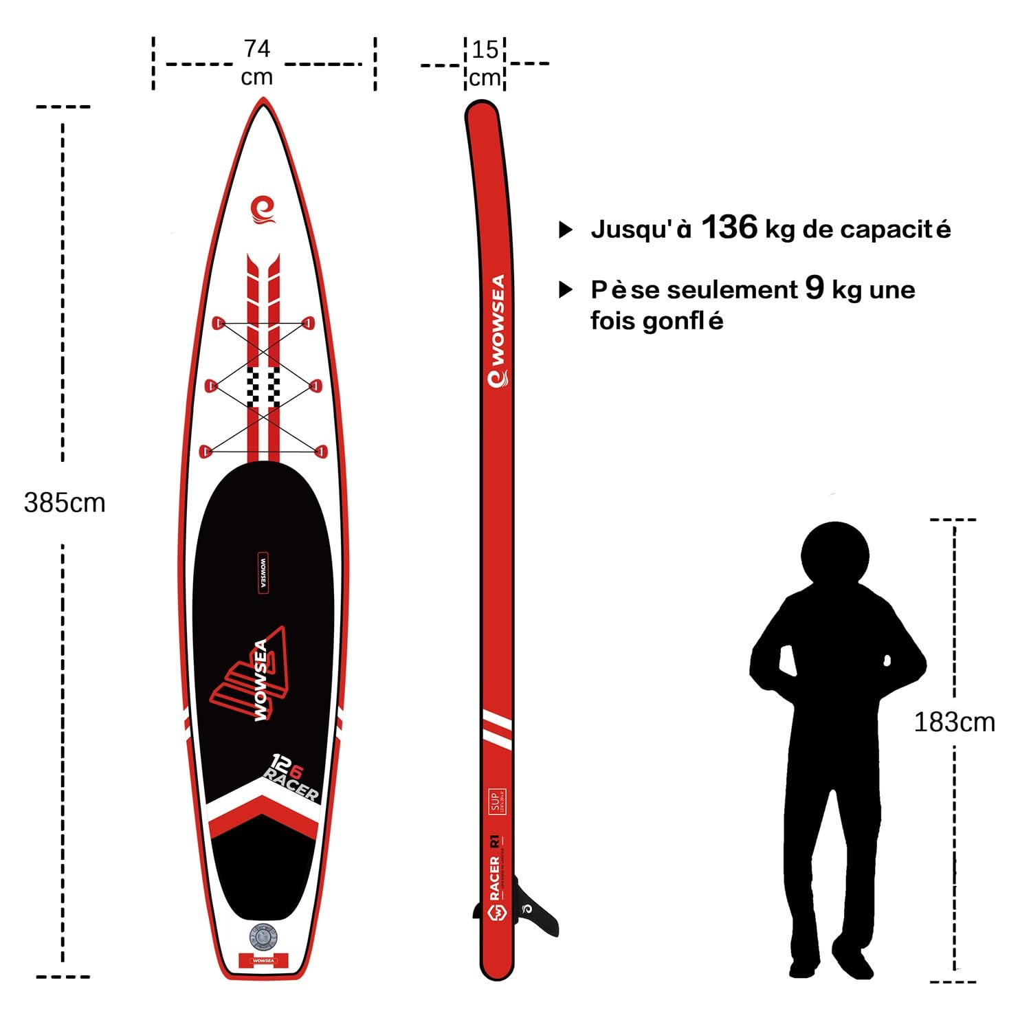 WOWSEA Racer R1 Stand Up Paddle Board Gonflable, Durable Et Léger Sup Gonflable Courses & Voyage Sup Board, 385cm L x 74cm W x 15cm H iSUP avec Trousse d'accessoires (Rouge)