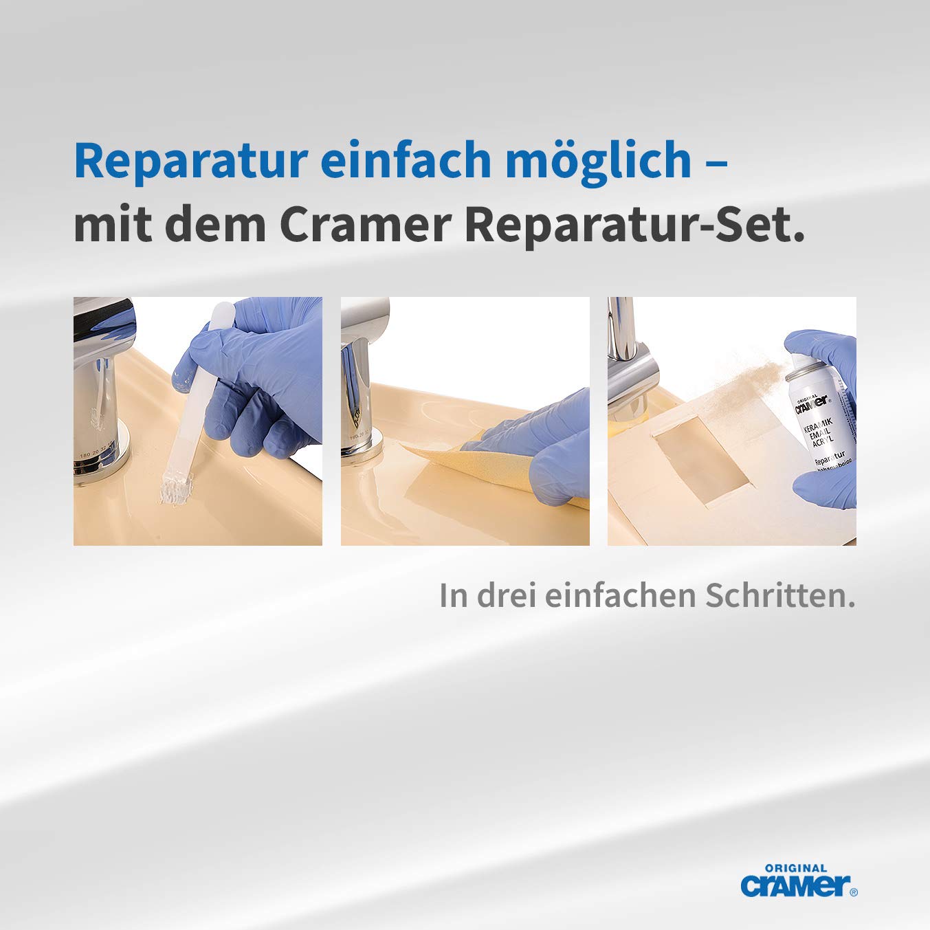 Cramer Reparatur-Set für Keramik, Emaille & Acryl, Bahama-Beige, CRA16250DE, bei Abplatzungen & Kratzern, Set: 2-Komponenten-Spachtelmasse, Härter, Reparaturlack, Spachtel, Schleifmittel, 66105 8
