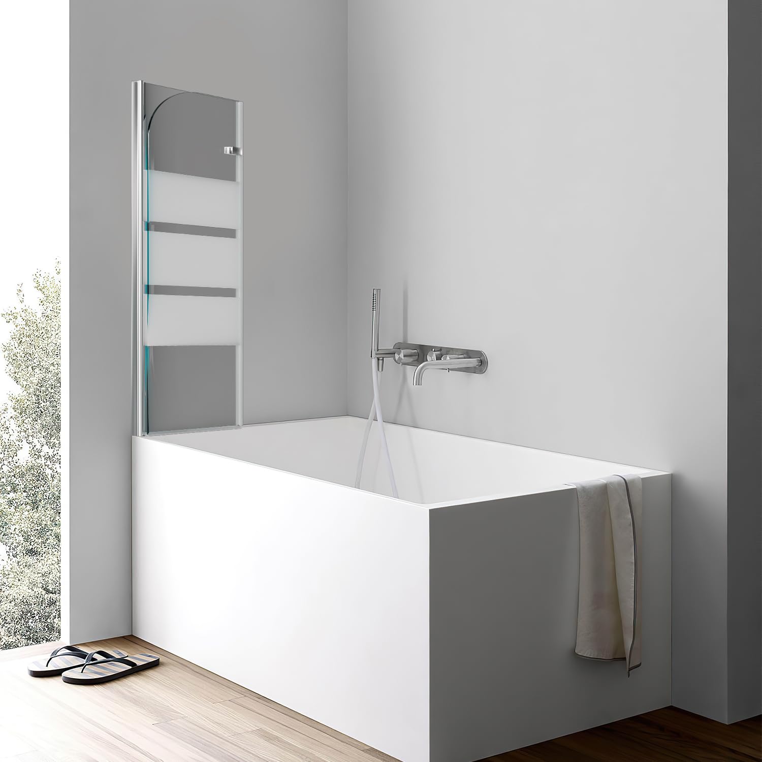 Panel de ducha plegable para bañera, 100 x 140 cm, 2 piezas de vidrio de seguridad de 6 mm (EGS), accesorio para bañera, tiras blancas