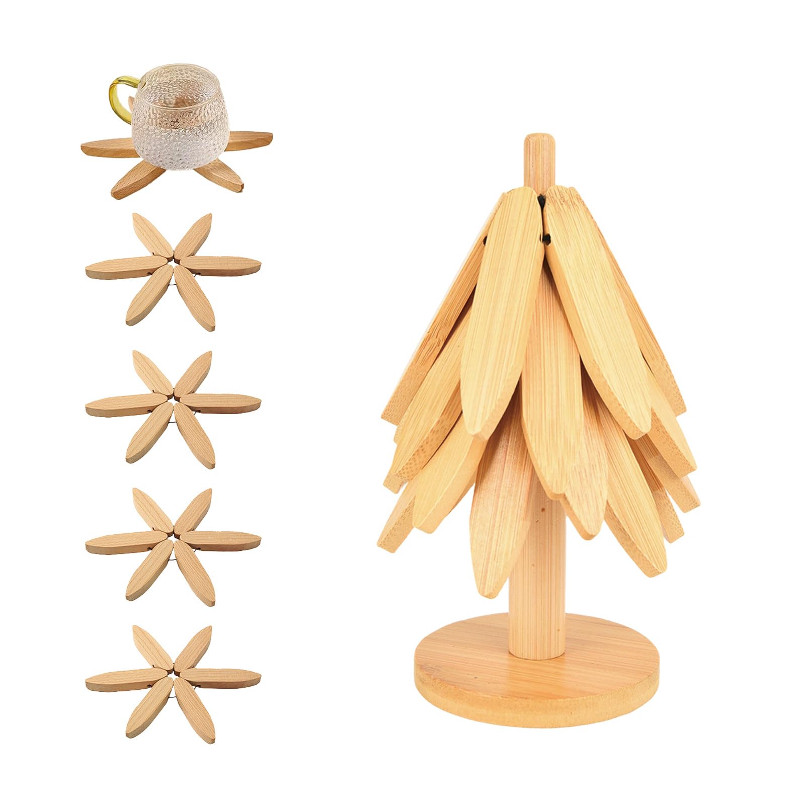 TopHomer Wooden Trivet Tree Set for Hot Dishes, 4 Flower-Shaped Foldable Drink Coasters for Mugs & Water Glasses, Decorative Table Protector for Home Kitchen Dining (Natural Wood Color)