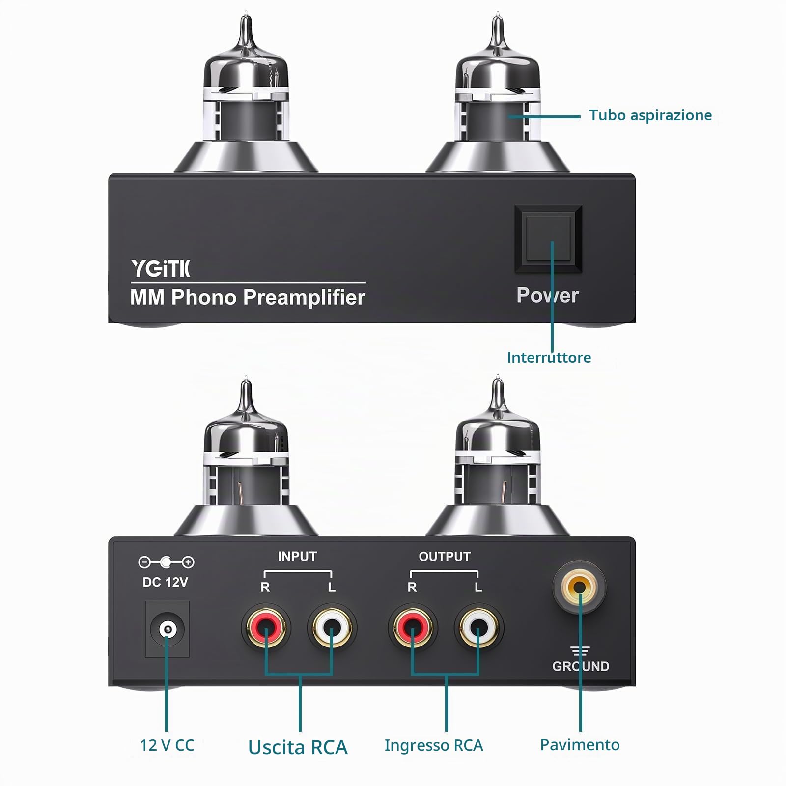 Preamplificatore Phono a Valvola con Tubo 6J2 per Giradischi MM, Design a Basso Rumore, Connettori RCA Oro, Alimentatore Certificato - per Sistema Hi-Fi Vinile