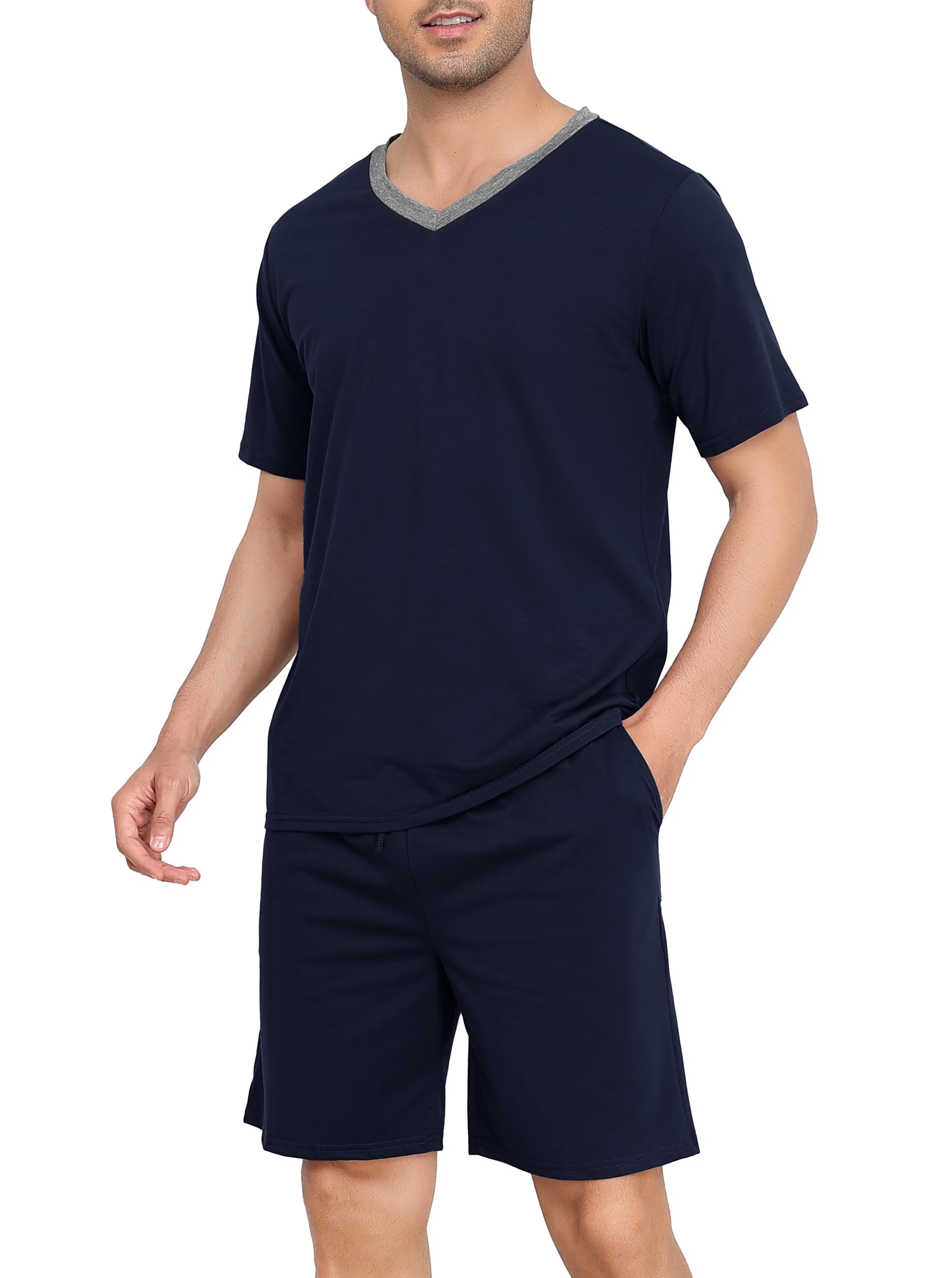 Wikoan Herren Schlafanzug Kurz Pyjama Baumwolle V-Ausschnitt Nachtwäsche Sommer Pyjama Set Kurzarm T-Shirt mit Shorts Zweiteilig Set S-XXL