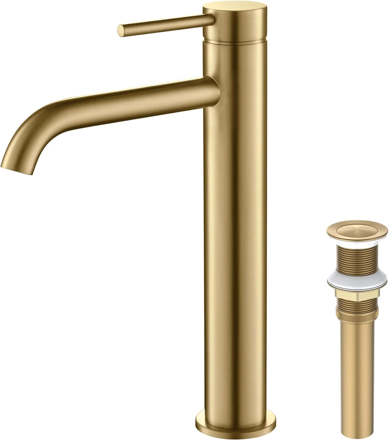KIBI Solid Brass Single Handle Single Hole Circular Faucet for Bathroom Sink with Pop Up Drain | High Arc Faucet Spout Design | Corrosion and Rust Resistant (Brushed Brass, KBF1009)