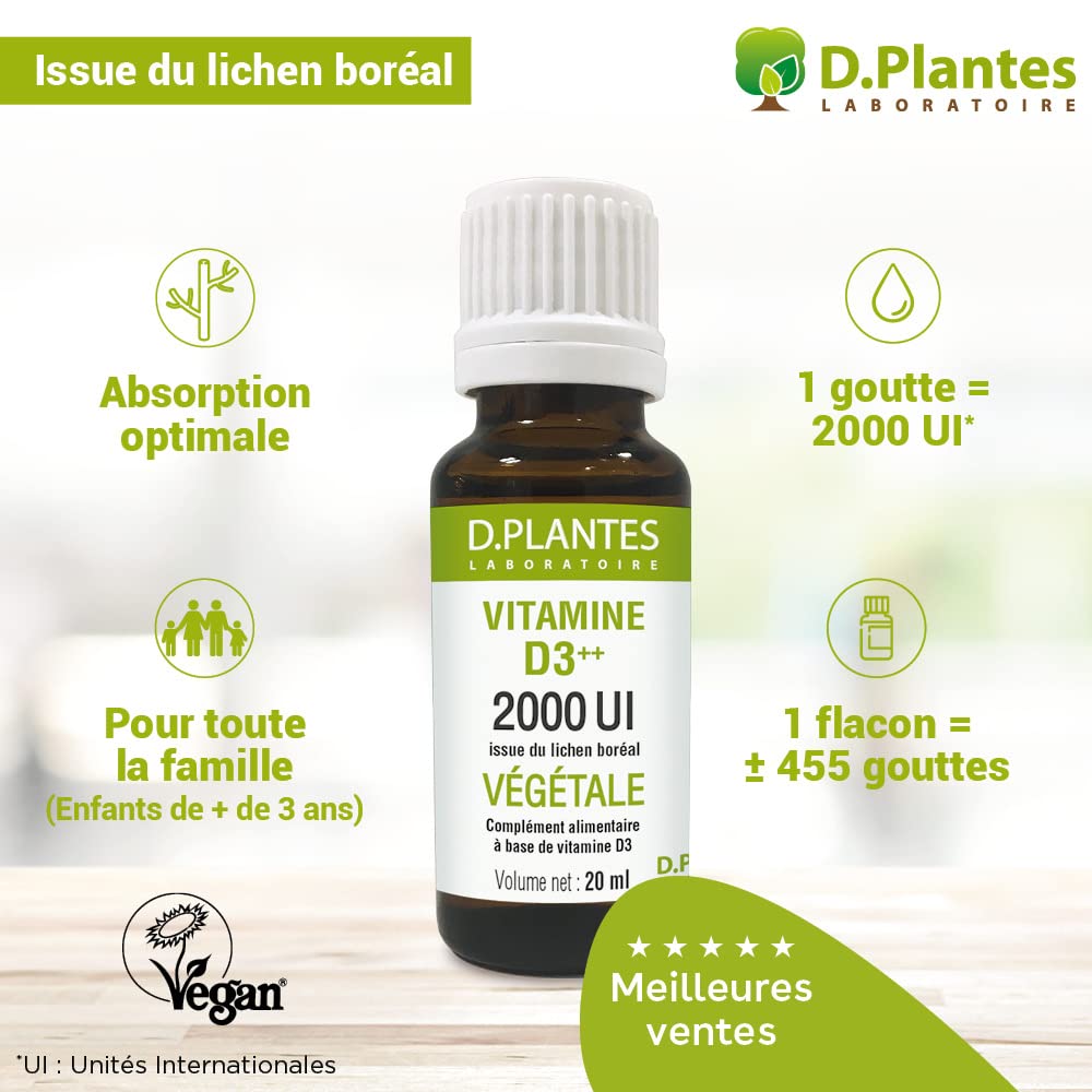 D.PLANTES - Vitamine D3 2000 UI - Complément Alimentaire - Immunité, Ossature Normale - Boost en Vit. D - Origine Végétale - Certifiée Vegan - 20 ml