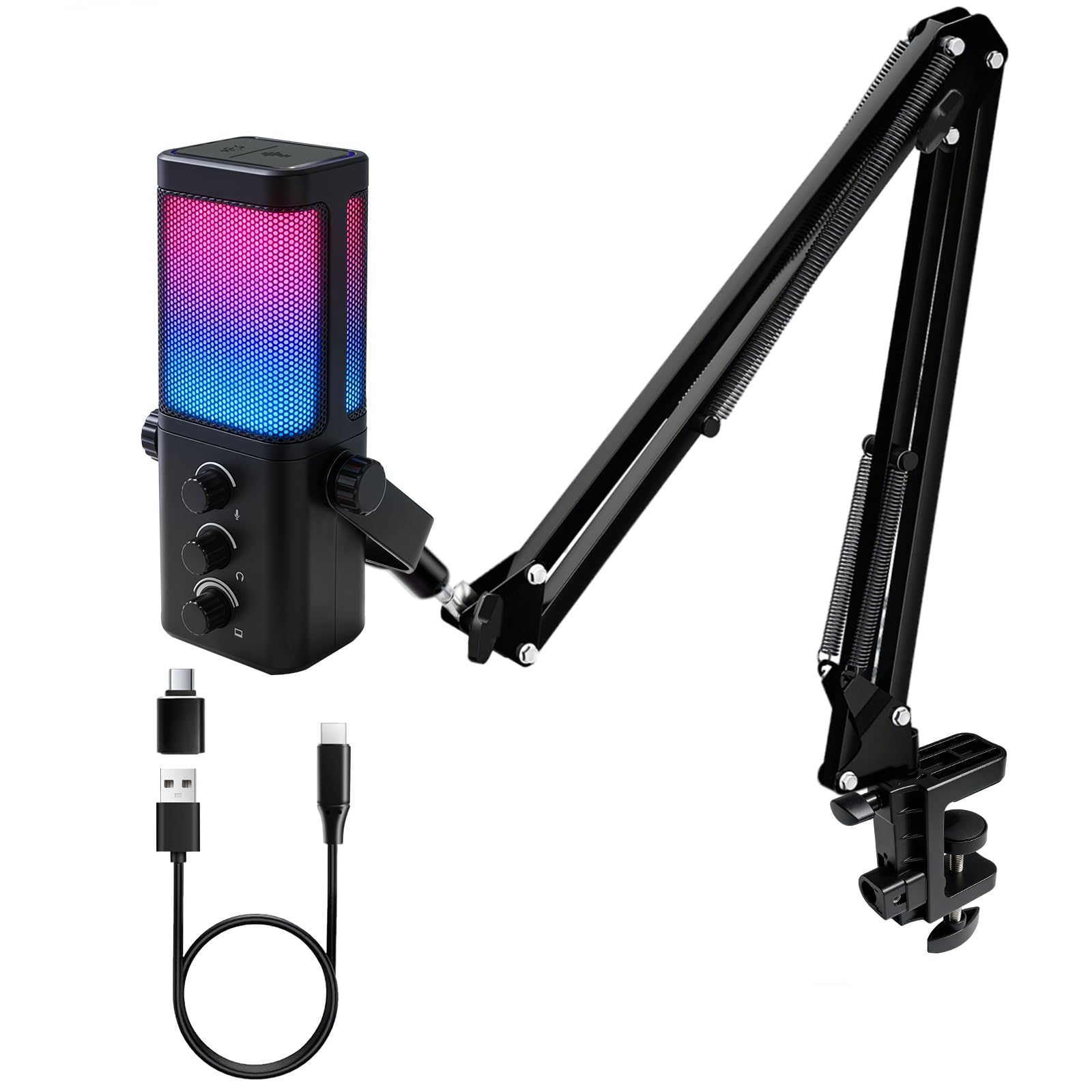 VCOM Microfono da gioco USB RGB con braccio a braccio, riduzione del rumore e muto one-touch, jack per cuffie da 3,5 mm, controllo del guadagno, microfono plug & play per PC, streaming, podcast