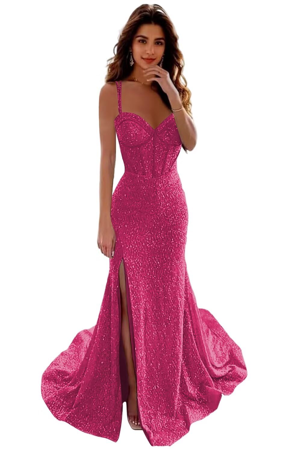 Sequin Mermaid Prom Dresses with Slit Spaghetti Straps Corset Ball Gowns Maxi Long Formal Evening Dresses AU111