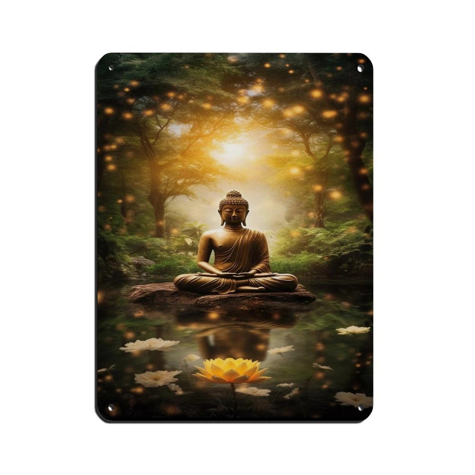 Golden Buddha in Enchanted Forest with Lotus–Zen Tin Sign Vintage Metal Pub Club Cafe Bar Home Wall Art Decoration Poster Retro 12x16inch(30x40cm)