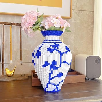 Blue and White Vase Building Kit, 4000 PCS Aesthetic Room Decor Cute Flower Vase, Blue White Decor for Home,2