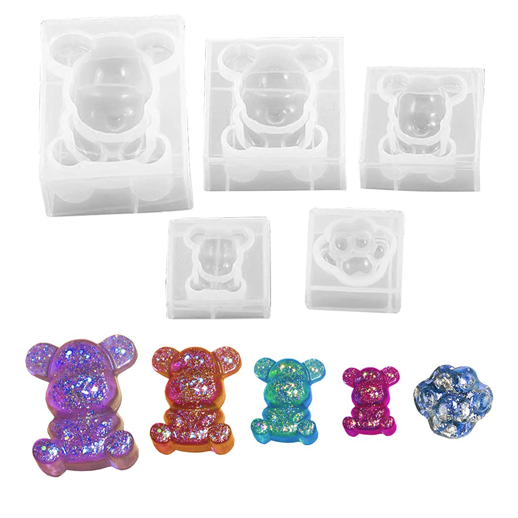 Silicone Resin Bear Molds 3D Animal Candy Gummy Casting Epoxy Mould for Handmade Soap Candle Ice Cube Cupcake Topper Decoration – 4 Bears and 1 Bear Paw