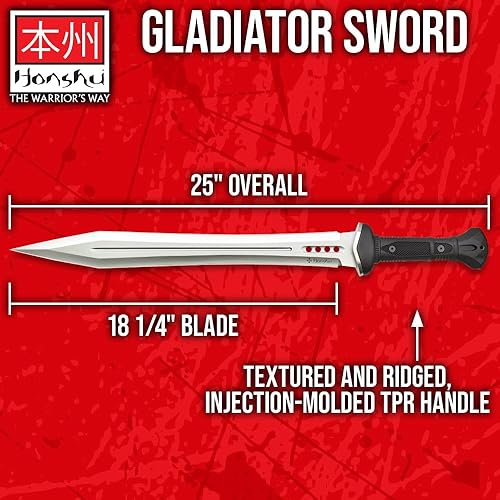 Miniatura 2 de HONSHU Espada de gladiador con vaina, hoja de acero inoxidable 7CR13, mango de TPR moldeado por inyección, agujero de cordón de latón, espada de