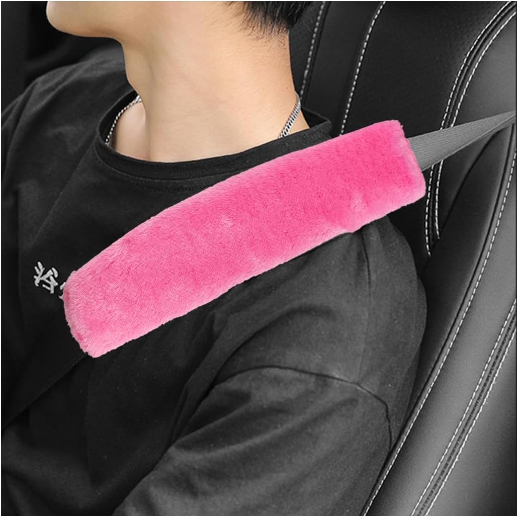 povtii 2PCS Car Seat Belt Cover Pad, Soft Auto Seatbelt Protector for a More Comfortable Driving, Fluffy Plush Seatbelt Shoulder Pad for All Vehicles and Backpack, Car Accessories (Pink)