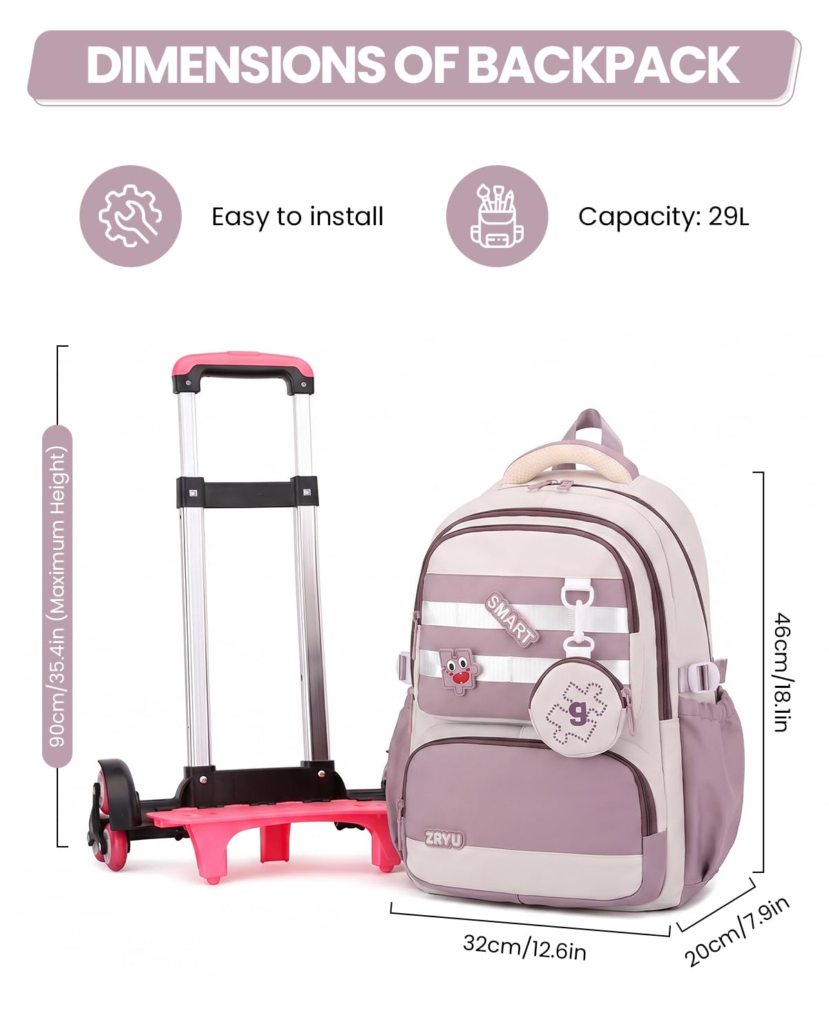 Amythe Cartable à Roulettes Fille – 6 Roues Amovible, 9-16 Ans, Violet