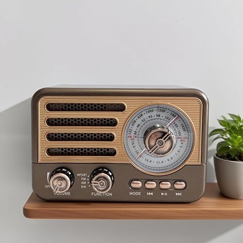 Miniatura 5 de Radio portátil retro AM/FM con reproductor de MP3, batería recargable, luz LED, diseño de grano de madera