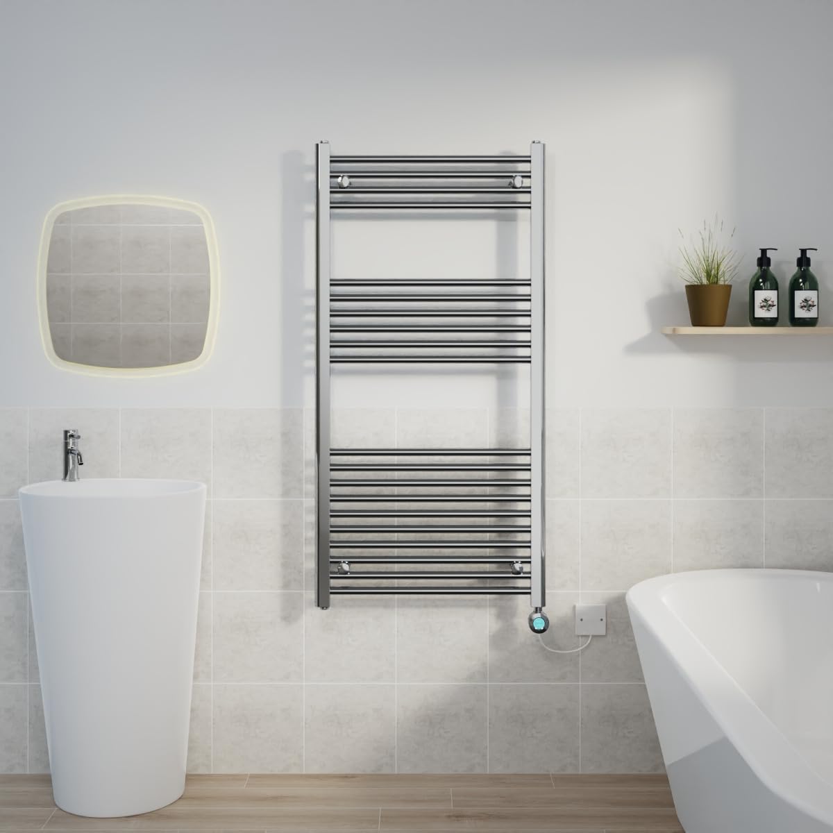 Warmehaus Prefilled Electric Thermostatic Heated Towel Rail Bathroom Ladder Radiator Straight with 600W LCD Display Timer Electric Heating Element Chrome 1200x600mm
