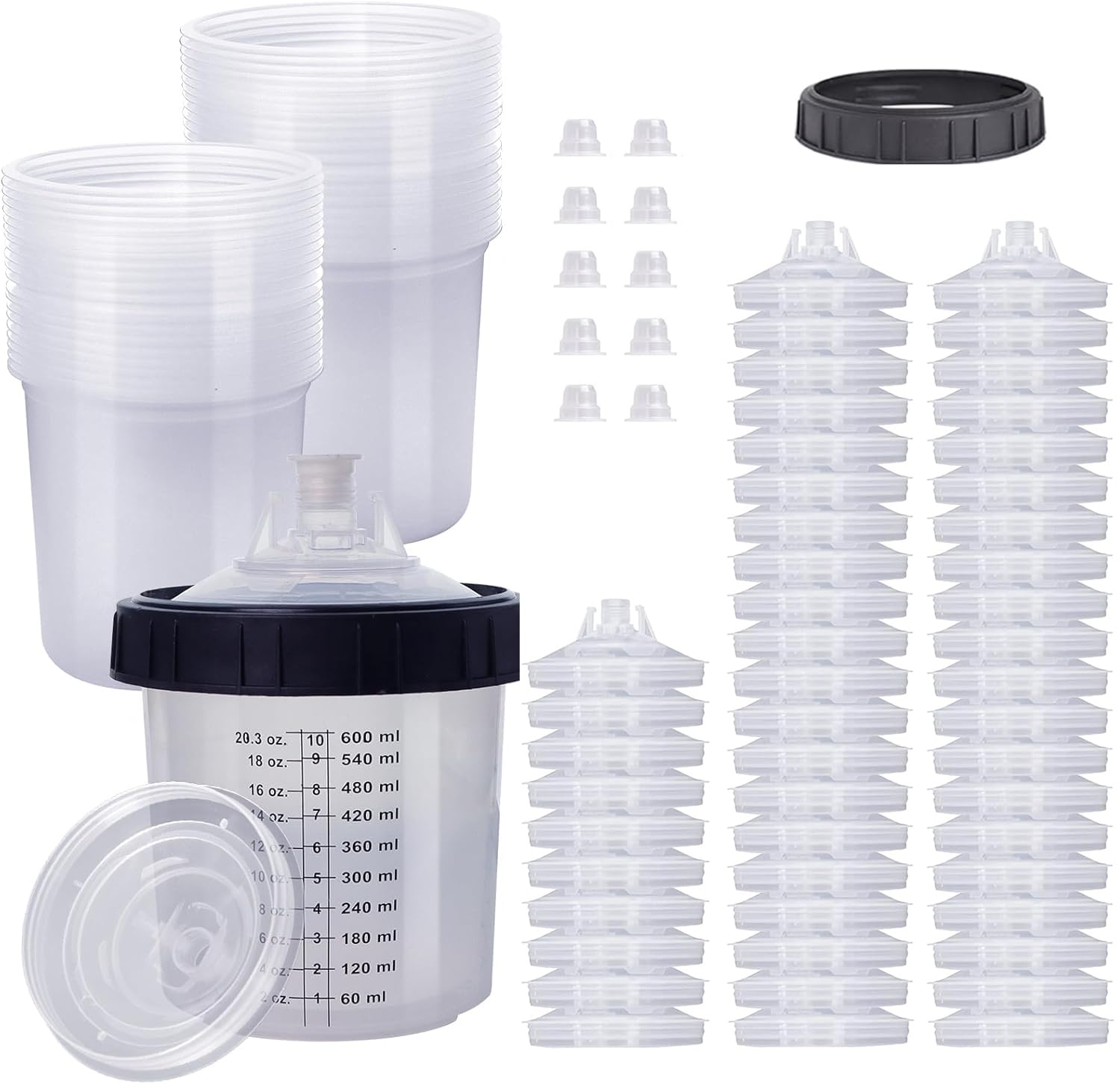 Misurino Graduato per Pistola Vernice, Coppa Miscelatrice Monouso per Sistema di Verniciatura HVLP, Kit usa e Getta per Pistola a Spruzzo, 50 Coperchi e Tazze 600 ml, 1 Tazza Rigida