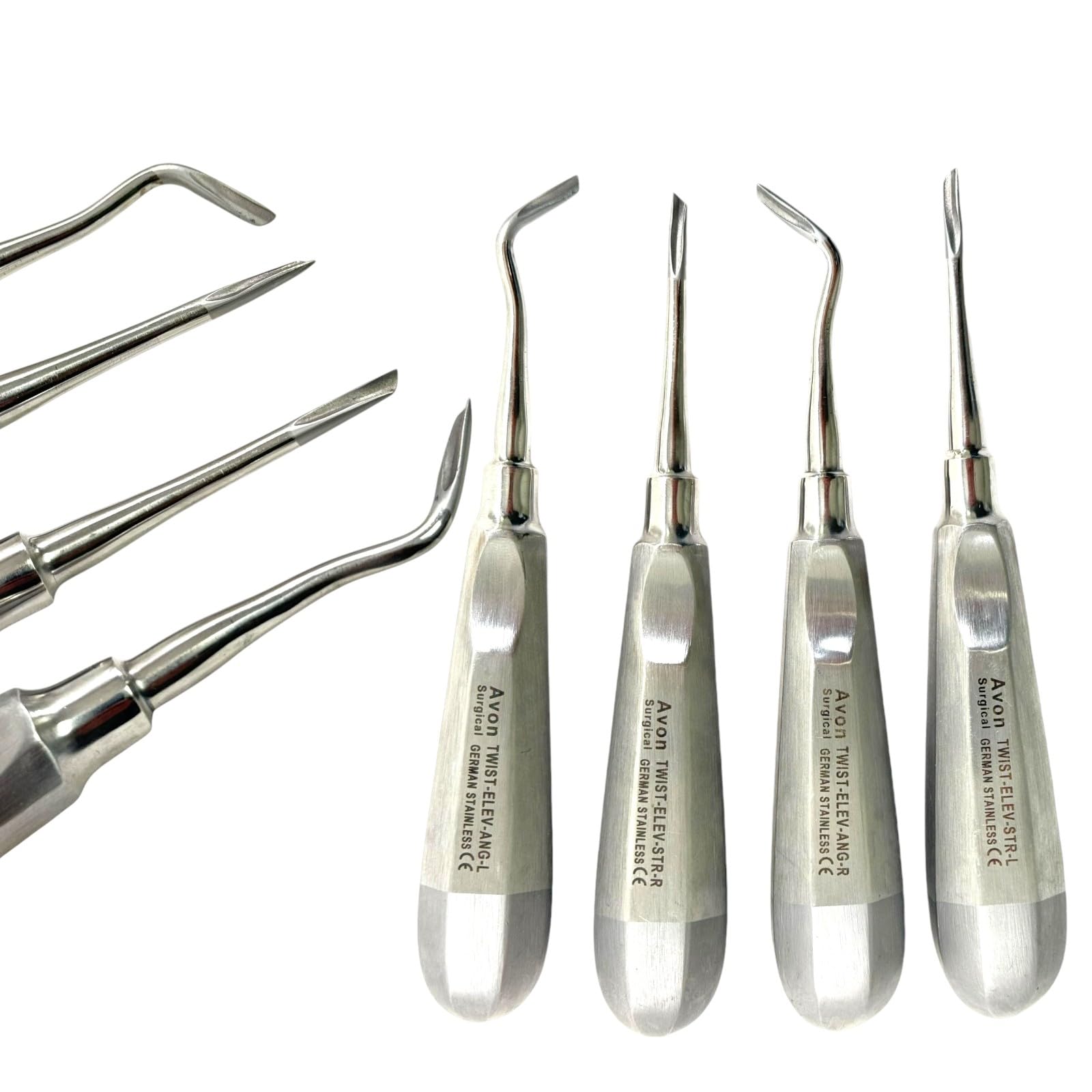 Dental Tooth Extraction Elevators with Straight & Angled Twisted Tips, Grooved Handle - German Stainless Steel, Dental Applications (Set of 4)