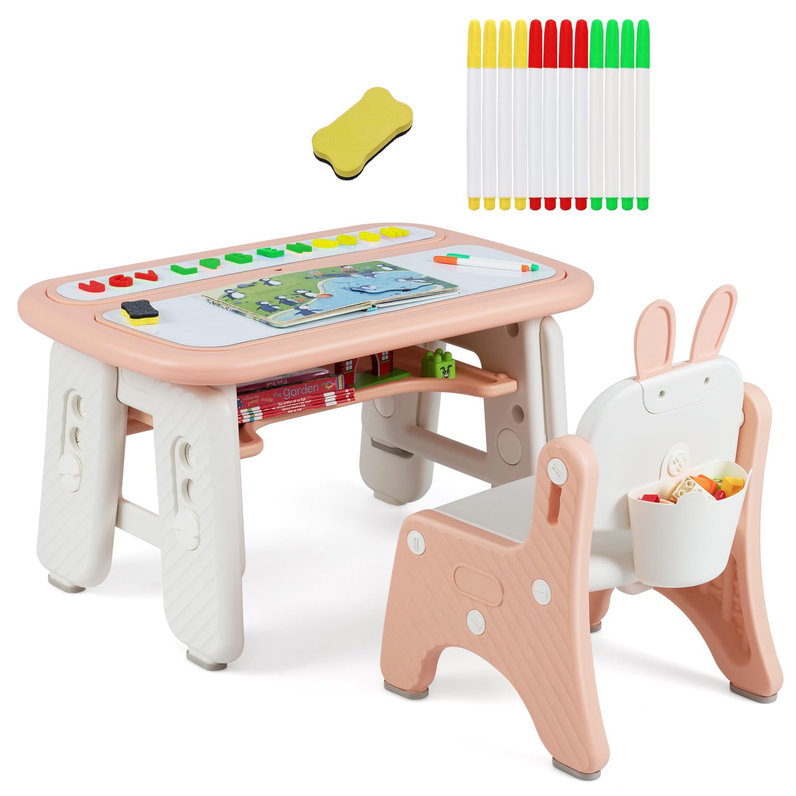 GOPLUS Table Enfant avec Chaise, Table de Dessin avec 2 Plateaux Réversibles, Tableaux Magnétiques, Panier de Rangement, Bureau d'Activités pour Lire, Dessiner, Manger (Rose)