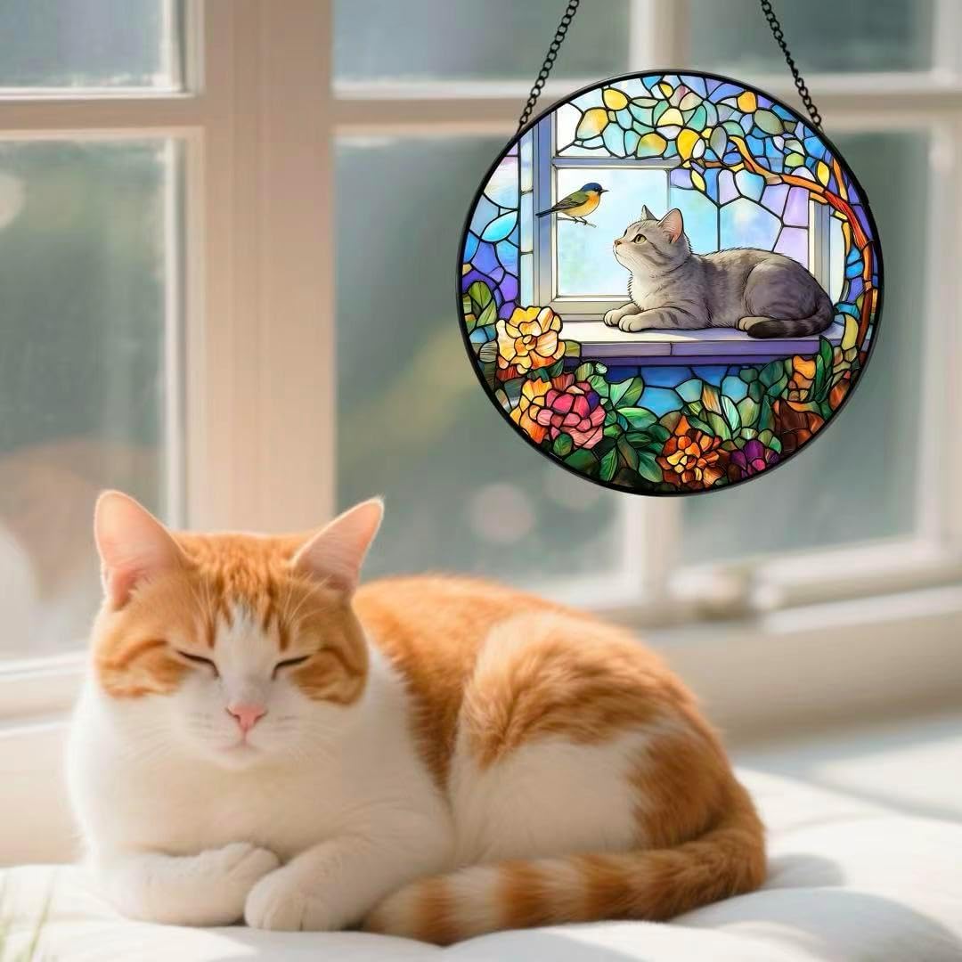 Cat Stained Glass Style Suncatcher Window Hanging, Cute Cat Decor with Bird & Flowers, Sun Catcher for Window, Gift for Cat Lovers, Home & Garden Decoration (Grey, Size: 15x15)