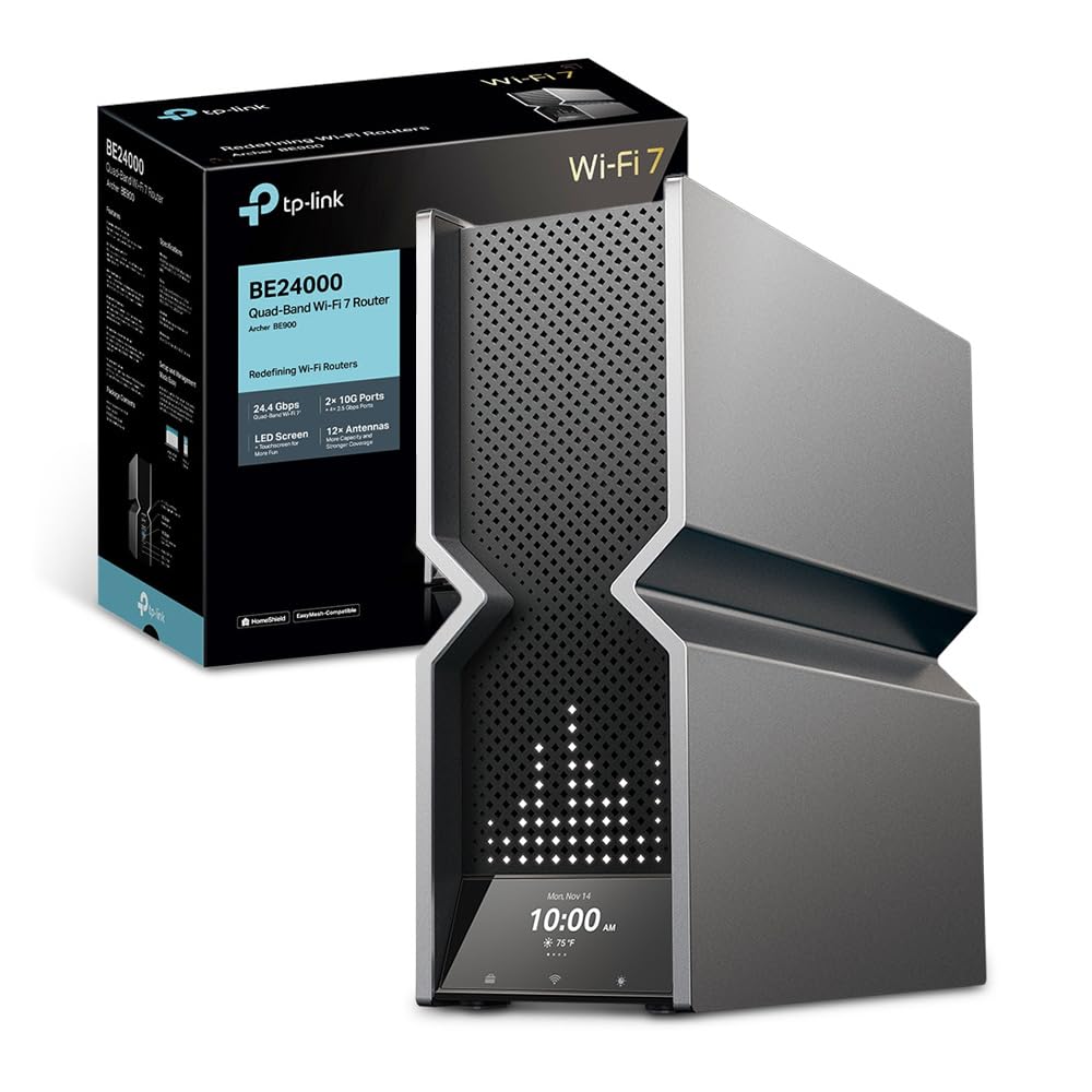 TP-Link Archer BE900 Router Wi-Fi 7 Quad-Band BE24000Mbps, Canali 320MHz, 2 Porte 10G, 4K-QAM, Beamforming, 12 Antenne Interne, EasyMesh, HomeShield, MU-MIMO, OFDMA, Alexa, Google, non supporta xDSL