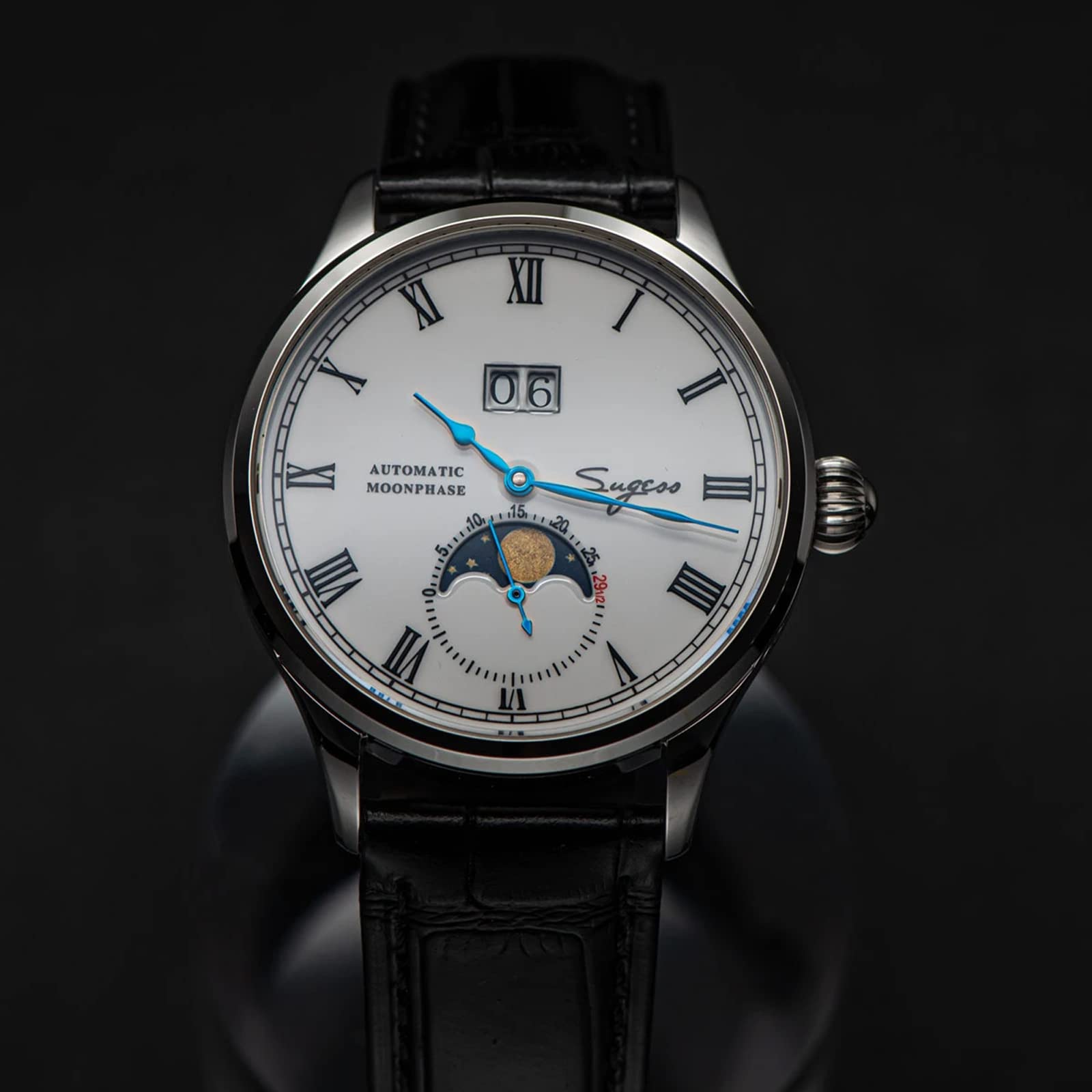 Sugess SU2528SS MoonPhase Master Seagull ST2528 Movimiento zafiro cristal reloj mecánico automático de los hombres 1963, negro, 41mm, Correa