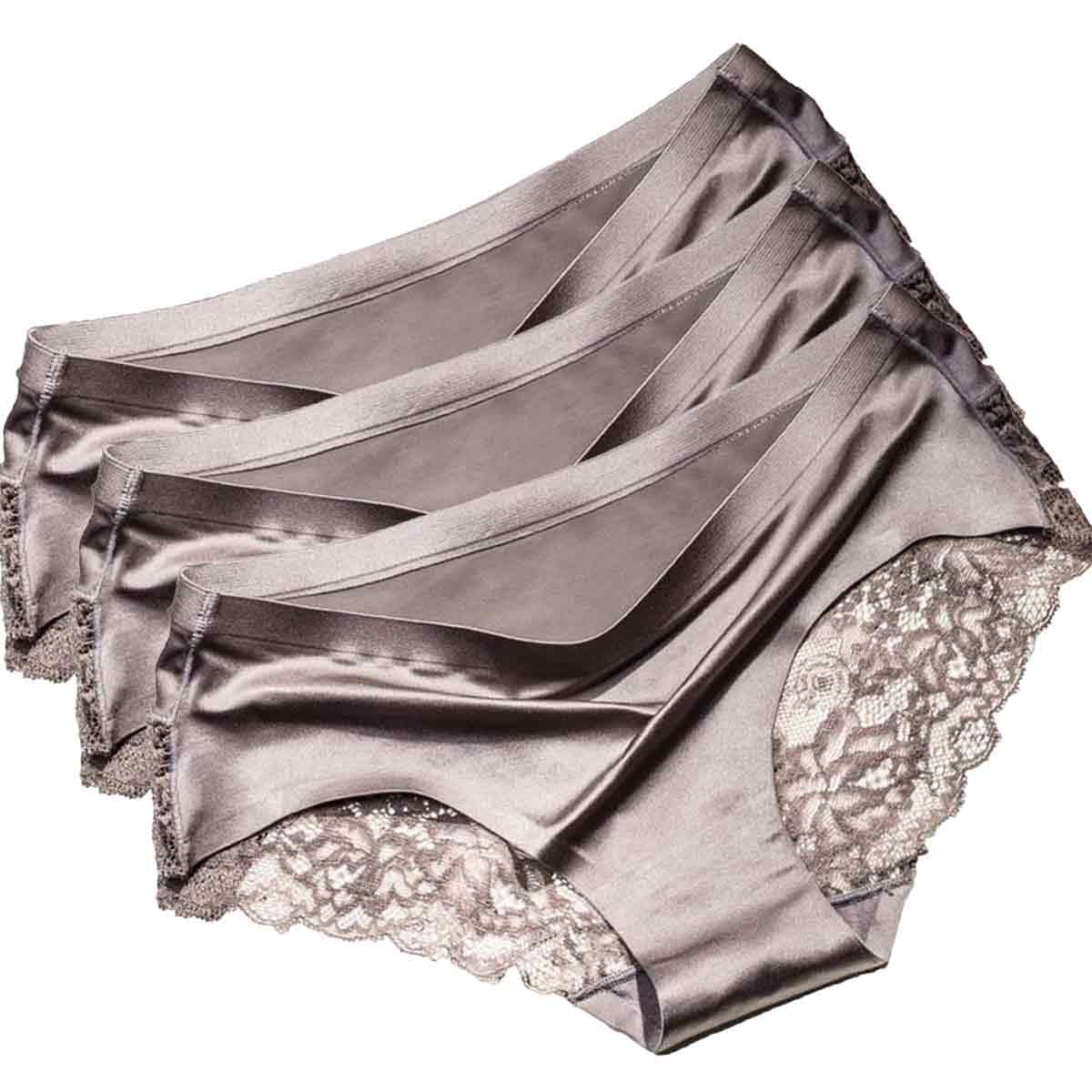 Women's Goldish Grey X 3 3 Pack Shiny Satin Ice Silky Knickers Sexy Briefs Underwear Lace Panties (As8, Numeric, Numeric_6, Numeric_8, Regular, Regular, Goldish Grey)