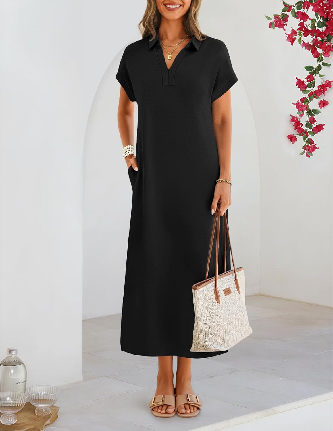 MEROKEETY Women's Summer Casual Maxi Dress 2026 Cap Sleeve V Neck Collared Beach Vacation T Shirt Long Dresses - Image 2