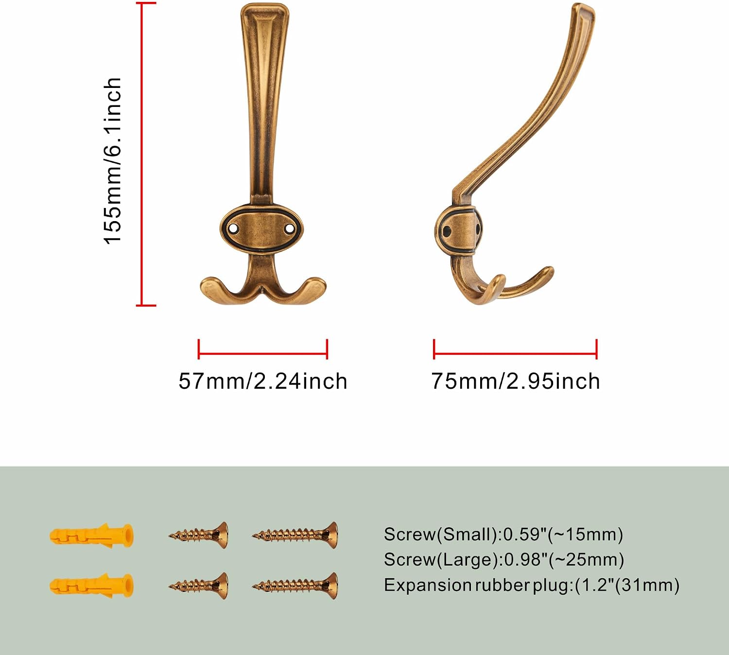 TUNNY Coat Hooks - Heavy Duty Hooks-Antique Brass Coat Hooks, Pack for 3 Entry Shoe Cabinets On Door Hanger, wall Hook for Hanging Towel,Purse, Robe, Backpack, Jacket, Clothes - for Bathroom