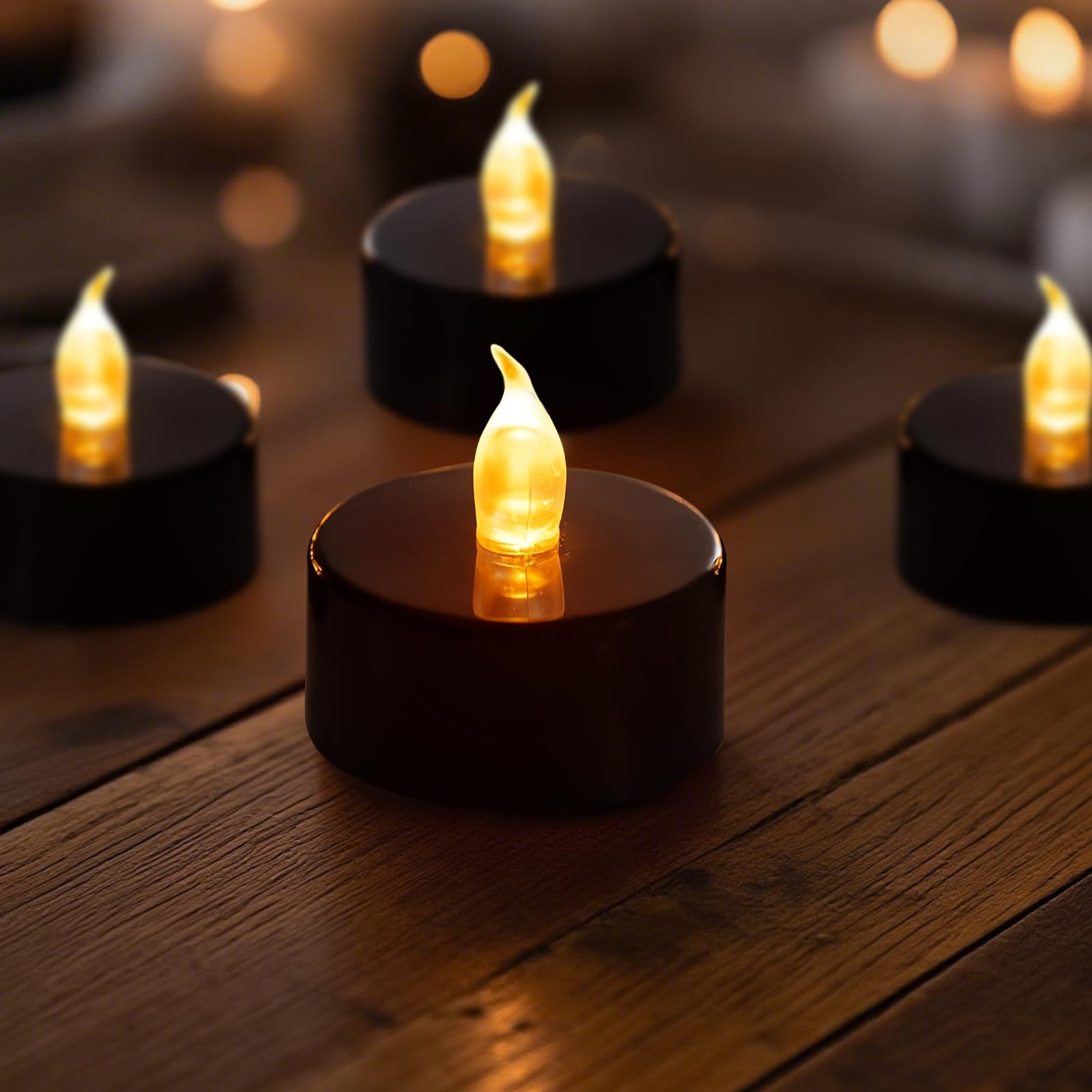 Tea Lights Battery Operated Candles LED Tea Lights Flameless Candles 200+ Hours Flickering Fake Tealights for Halloween, Christmas Aniversary Home Table Decor(Black, 12 Pack)