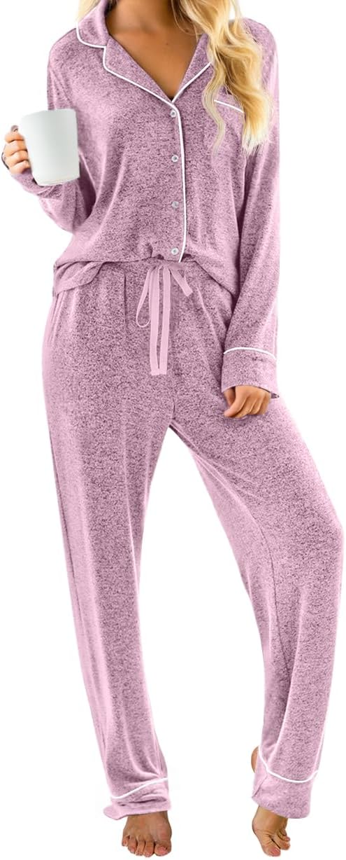PrinStory Womens Pajama Sets Long Sleeve Pajamas Set Button Down Pjs Sets for Women 2 Piece Lounge Set