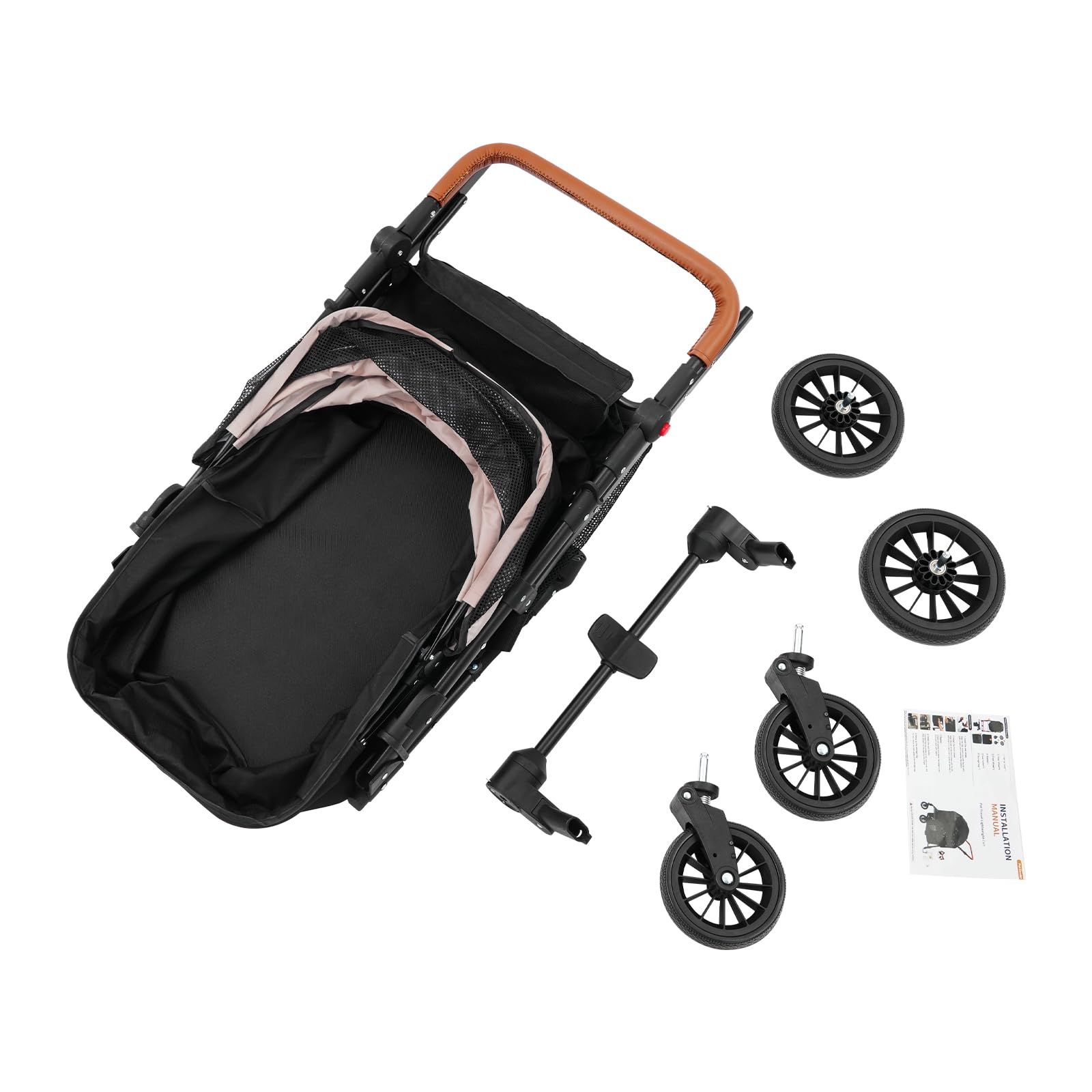 Carrello per cani 2 in 1, pieghevole con due scomparti separati, passeggino per animali domestici fino a 15 kg, con maniglia regolabile, per cani e gatti di piccola taglia (nero + cachi)