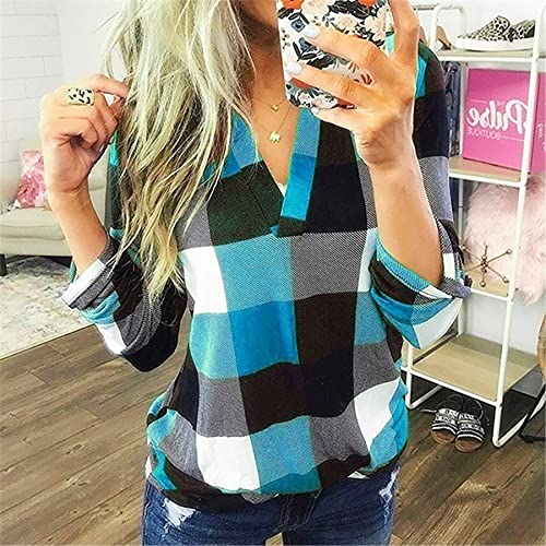 Ajpguot-Damen-Plaid-Shirt-Casual-V-Ausschnitt-Kariertes-Langarmshirts-Frauen-Oberteile-Bluse-Elegant-Tops-Hemden-Langarm-Sweatshirt
