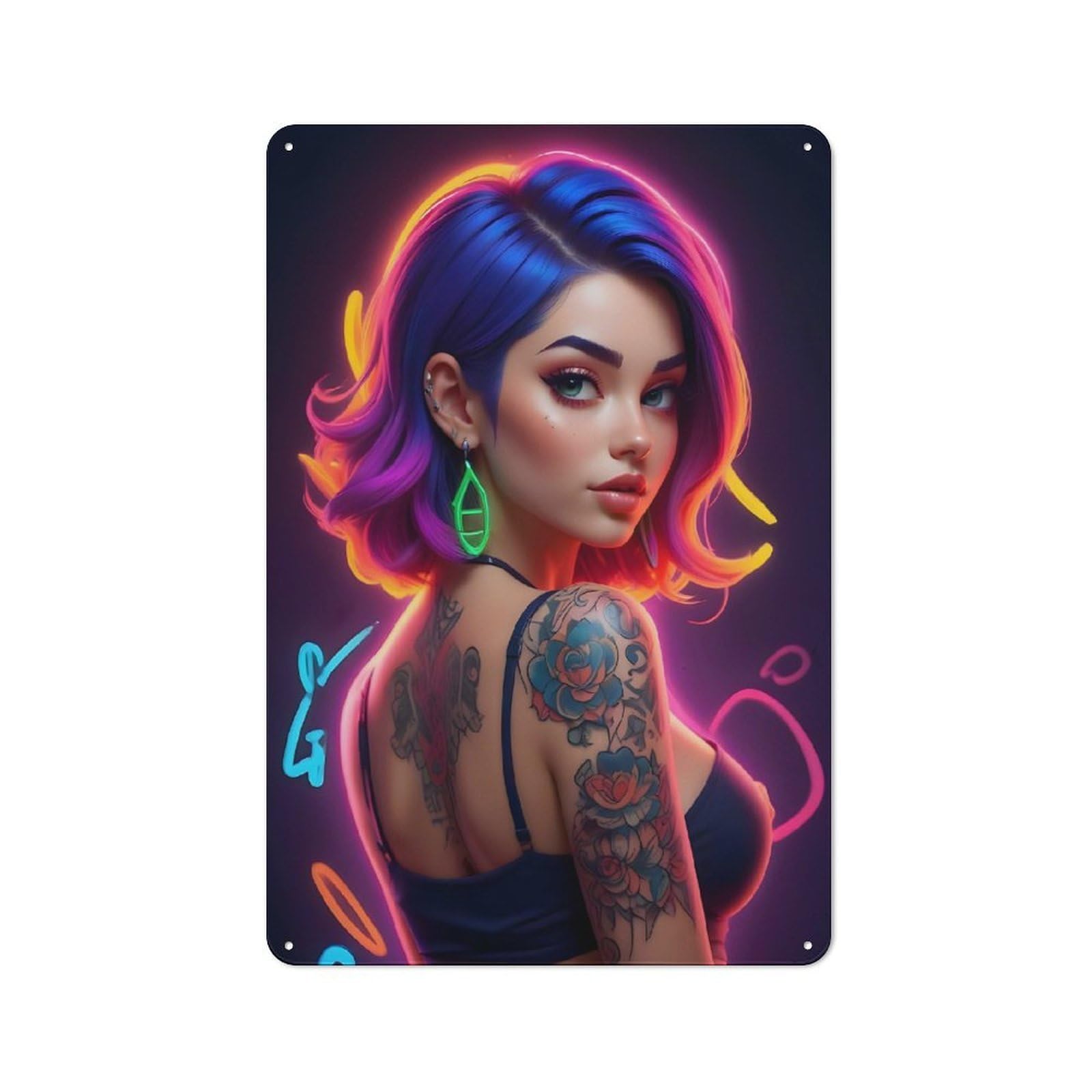 Junmoney Girls Style-1 Vintage Neon With Tattoo Tin Sign 30X20cm, Home Bar Decor For Diner, Restaurant, Shed Or Kitchen, For Casual British Interiors