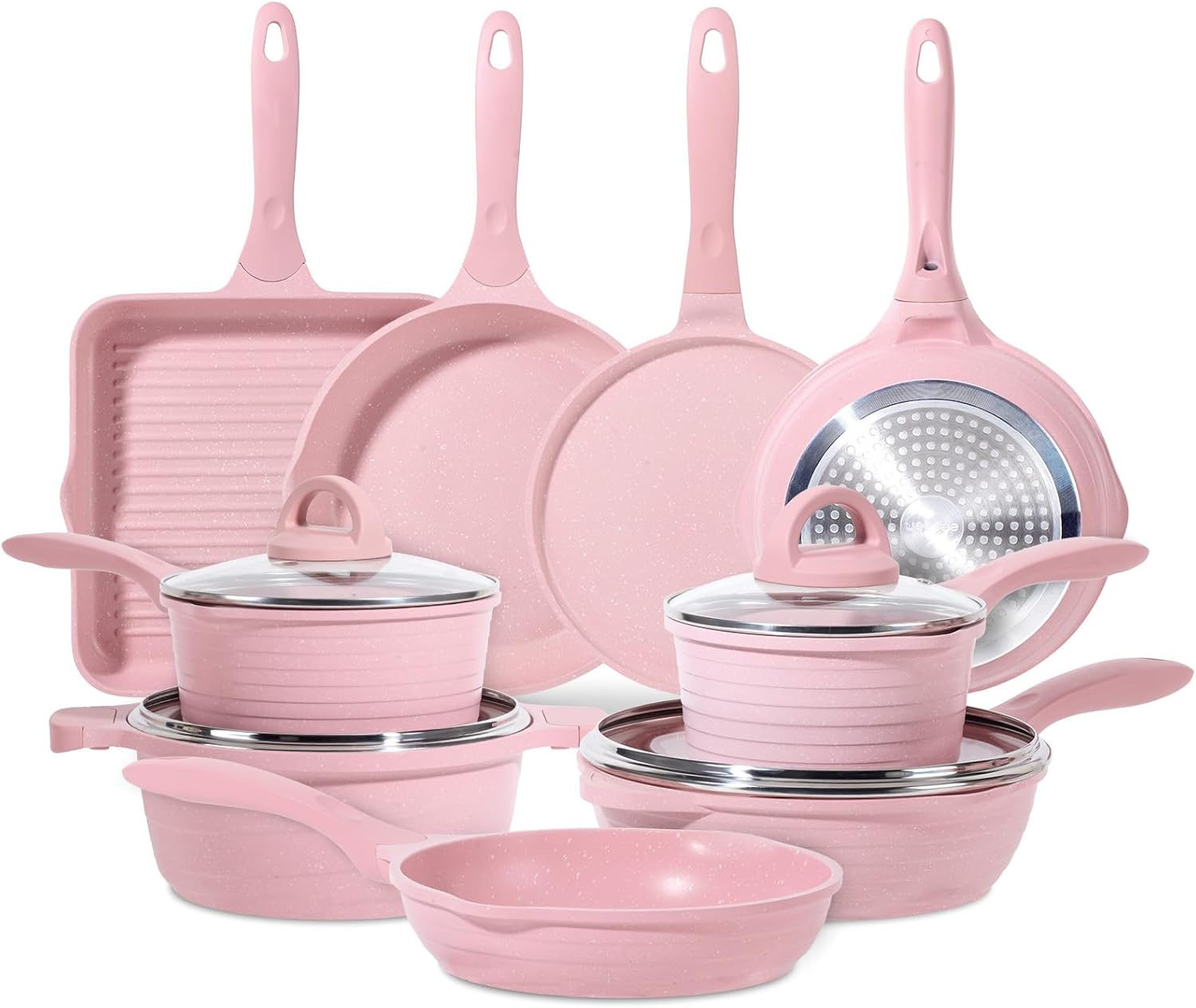 JEETEE Pink Pots and Pans Set Nonstick 23pcs, Healthy Kitchen Cookware Sets, Induction Cooking Set Pink Frying Pans, Saucepans, Sauté & Griddle & Crepe Pan (PFOA Free) JEETEE Pink Pots and Pans Set Nonstick 23pcs, Healthy Kitchen Cookware Sets, Induction Cooking Set Pink Frying Pans, Saucepans, Sauté & Griddle & Crepe Pan (PFOA Free)
