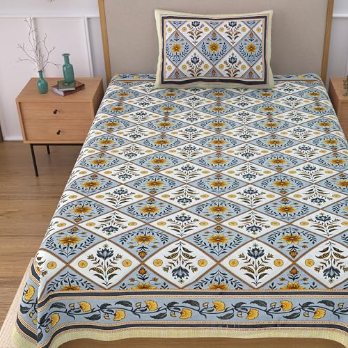 Image of 100% Cotton Single Bedsheet with 1 Pillow Cover | 240 TC Pure Cotton Flat Bed Sheet | Traditional Jaipuri Printed Bedding Set | Soft & Breathable | 60 x 90 Inch (Rangmahal Single 53)